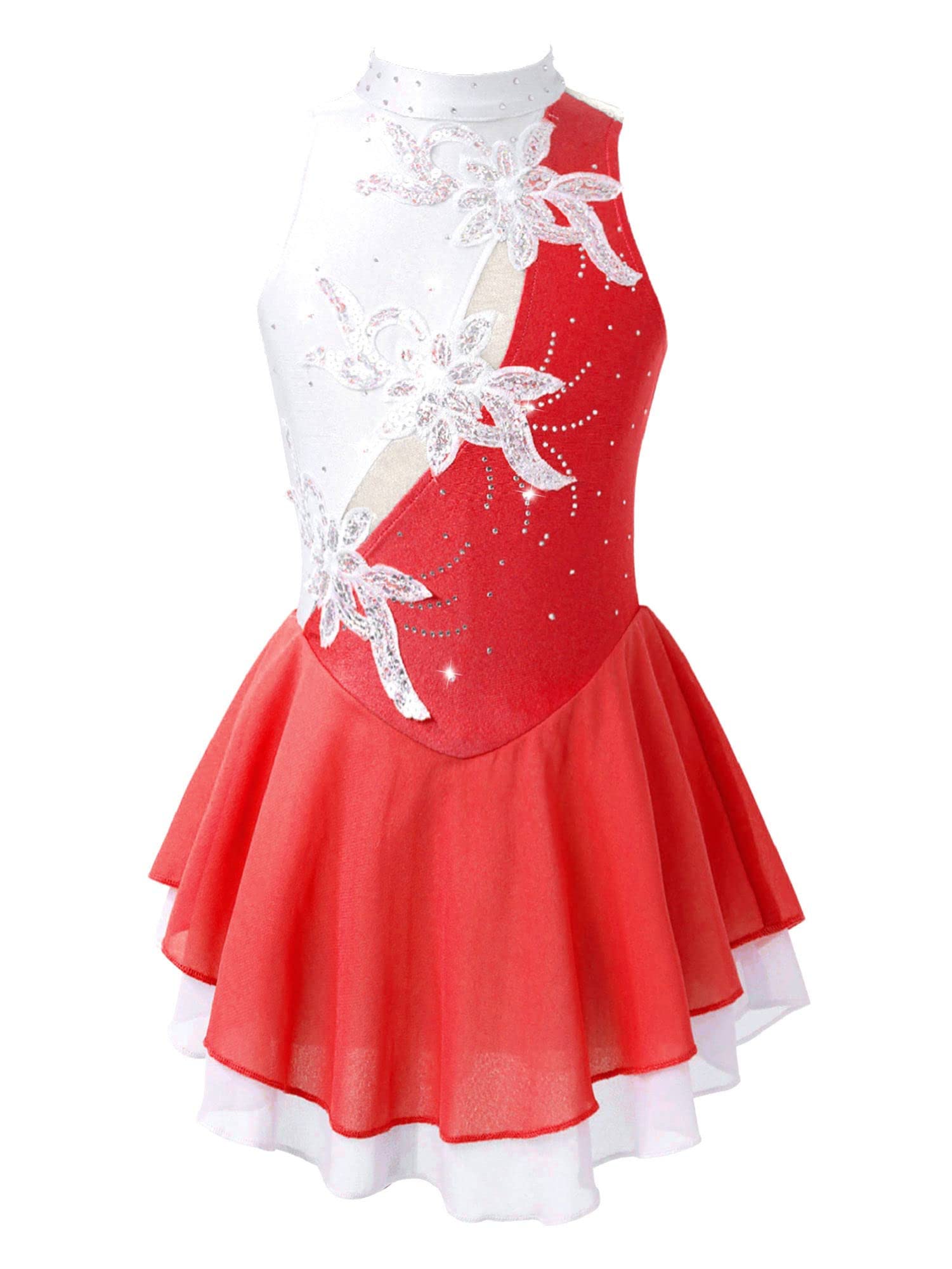 IEFIEL Vestido de Patinaje Artístico para Niña Maillot Ballet con Falda Malla de Gimnasia Rítmica sin Mangas con Lentejuelas Brillantes Vestido de Danza Lírica — view 40