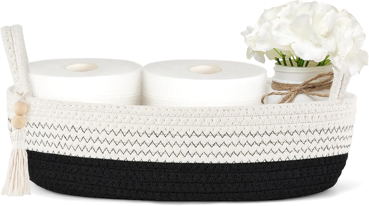 Mkono Small Storage Basket for Toilet Tank Top Boho Bathroom Decor Woven Rope Toilet Paper Tray Back of Toilet Organizer for Shelf Bedroom Living Room, Black and White, 1 Pack, 13″ L x 6″ W Mkono Small Storage Basket for Toilet Tank Top Boho Bathroom Decor Woven Rope Toilet Paper Tray Back of Toilet Organizer for Shelf Bedroom Living Room, Black and White, 1 Pack, 13″ L x 6″ W