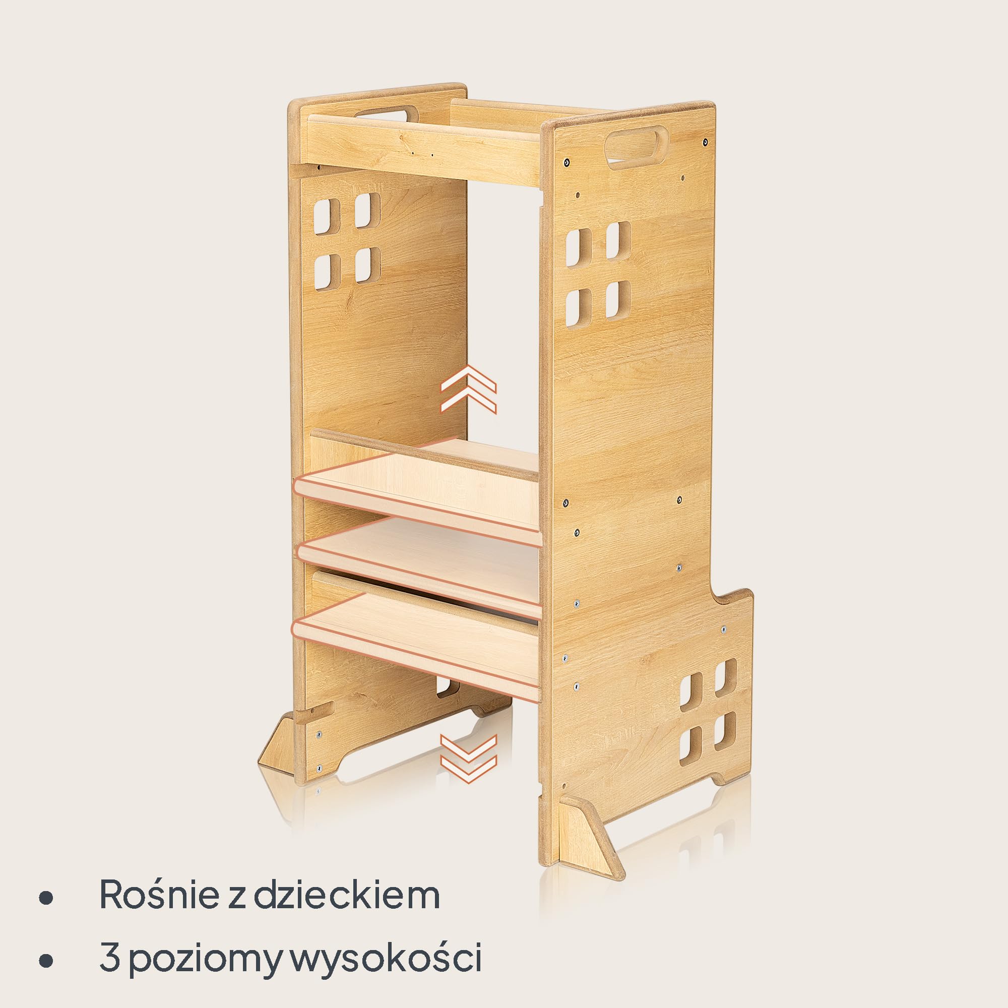 LIONELO CASS Kitchen Helper 2w1 Wieża Edukacyjna Montessori Od 1 Roku Regulacja Wysokości Barierka Ochronna Stabilny Stołek Do Kuchni Pólka na Książki Biblioteczka Do 30 Kg
