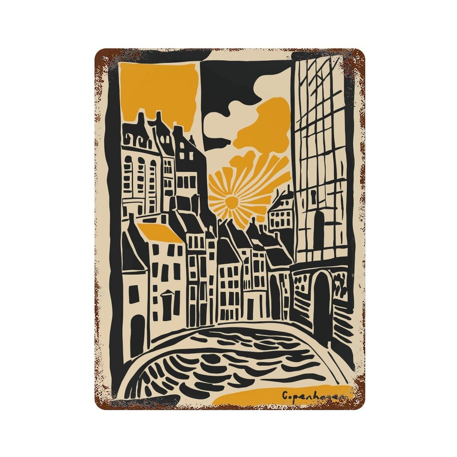 Vintage Rust Metal Sign with Copenhagen Cityscape Illustration Design 15.7"x11.8", for Office, Studio And Wall Decor, Farmhouse Wall Decor