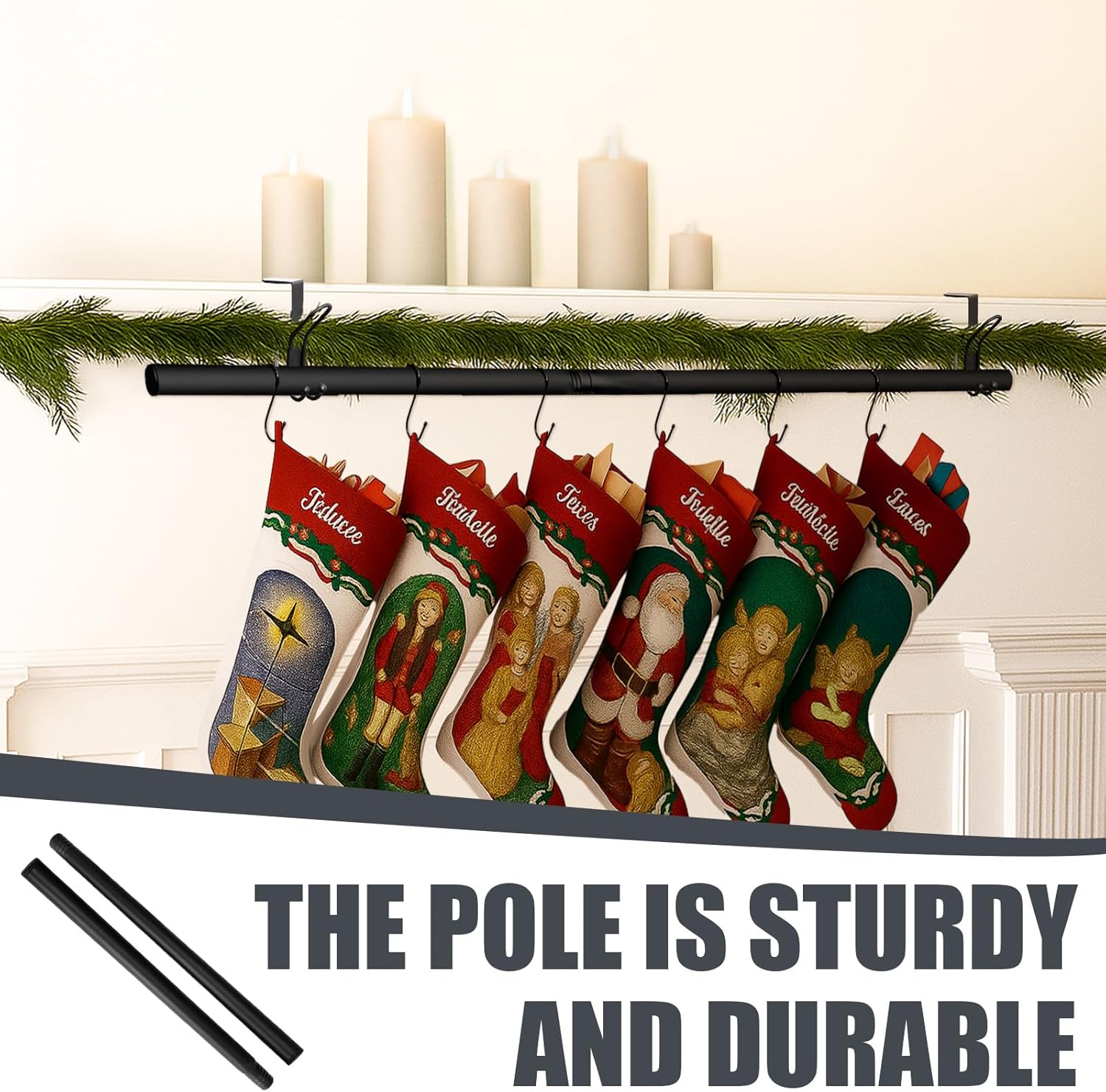 Hoolerry 10 Pcs 3 in 1 Christmas Stocking Garland Hanger for Mantle Fireplace Mantel Garland Hangers with Adjustable Tension Rods Hooks for Xmas Holiday Stocking Wreath Hanging Ornament (Small,Black)