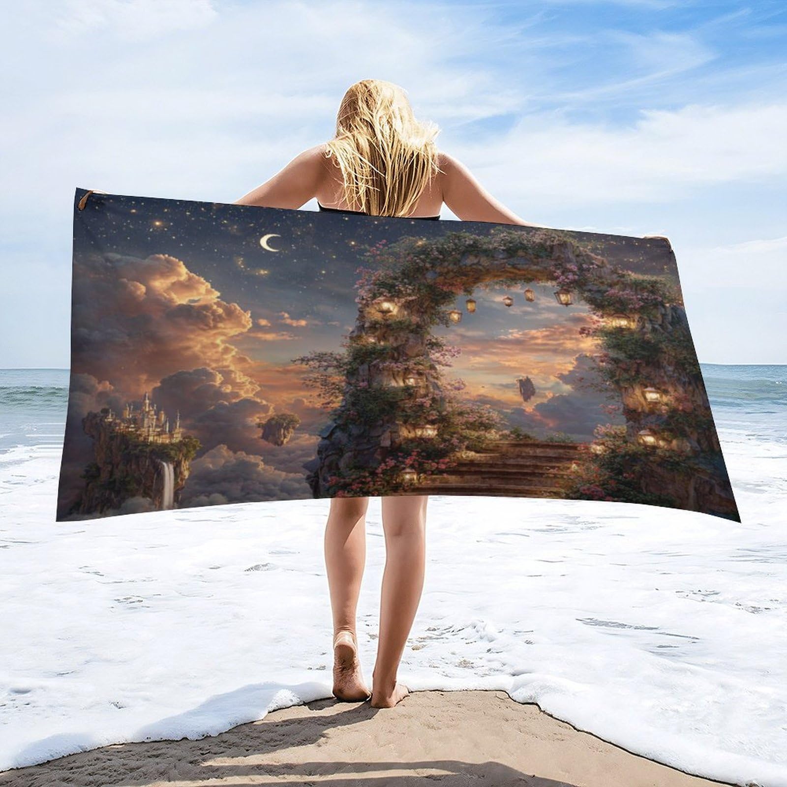 LUYYSKY Fantasy Classic Flowers Arch Quick-Drying Beach Towel, Retro Realistic Starry Sky Galaxy Enchanted Garden Castle Travel Vacation Single Sided Pile Bathroom Towels-80 W cm x 160" L cm