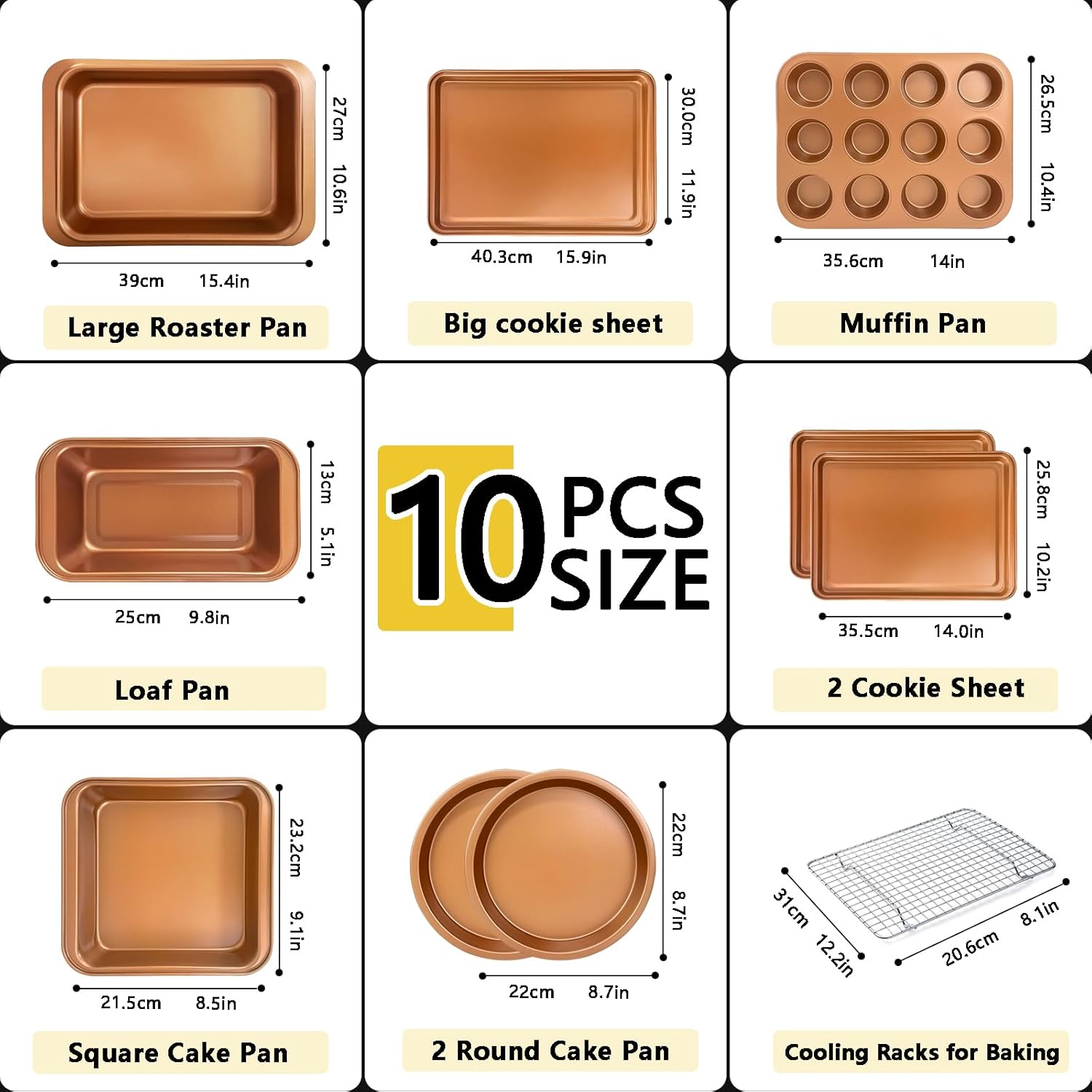 10-Piece Nonstick Baking Pans Set, Includes Cookie Sheet, Muffin Tray, Bread Pan, Cake Pan, Loaf & Roasting Pans, Golden Baking Set