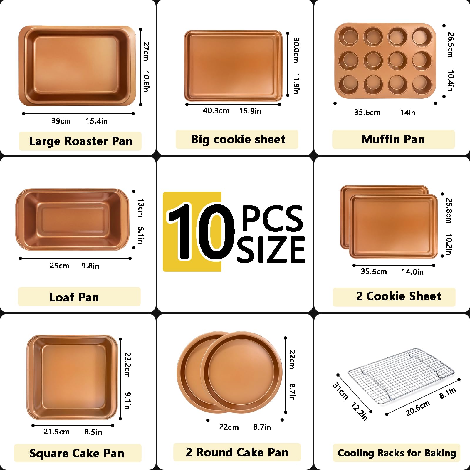 RavisingRidge Baking Pans Set with Nonstick Coating, Professional 10 Pcs Including Cake Pans, Cookie Sheets, Roasting Pan, and Cooling Rack - 0.8mm Thick, Heavy Duty, Dishwasher Safe