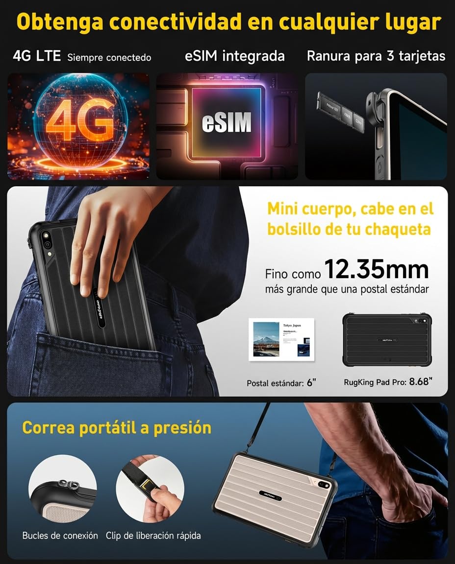 Ulefone RugKing Pad Pro Android 16 Rugged Tablet 8.68 Pulgadas/90Hz, Tablet Rugerizada 16GB+128GB ROM/2TB Tablets Gaming, Batería 7100mAh, 16MP Cámara/Octa-core/Dual SIM 4G/eSIM/NFC/Garantía de 2 años
