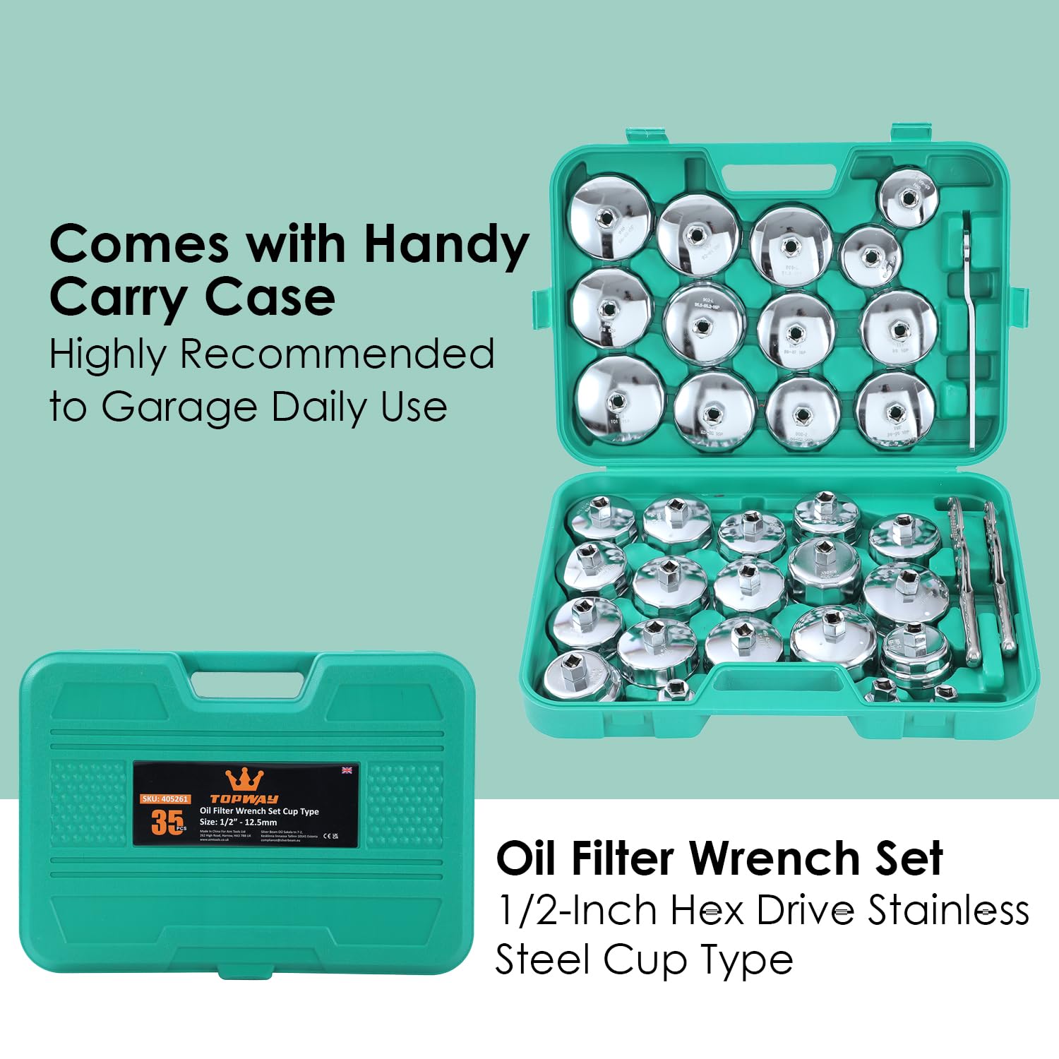 TOPWAY 35 PCs 1/2" Juego de Vasos para Llaves de Filtro de Aceite con 2 Esposas Tipo de Llave de Filtro de Aceite de Ajustable y Llave, Acero Inoxidable, para Reparación de Automática