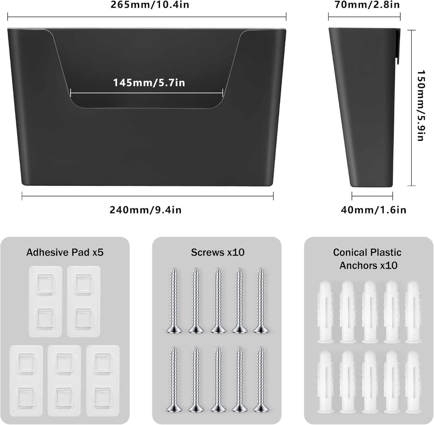 JOMOLA No Drilling File Holder 5 Pack Mail Organizer Wall Mount File Organizer Holder Office Wall Hanging Files Magazines Organizer Plastic Door Mount Wall Pocket with Adhesive Pad, Black Color