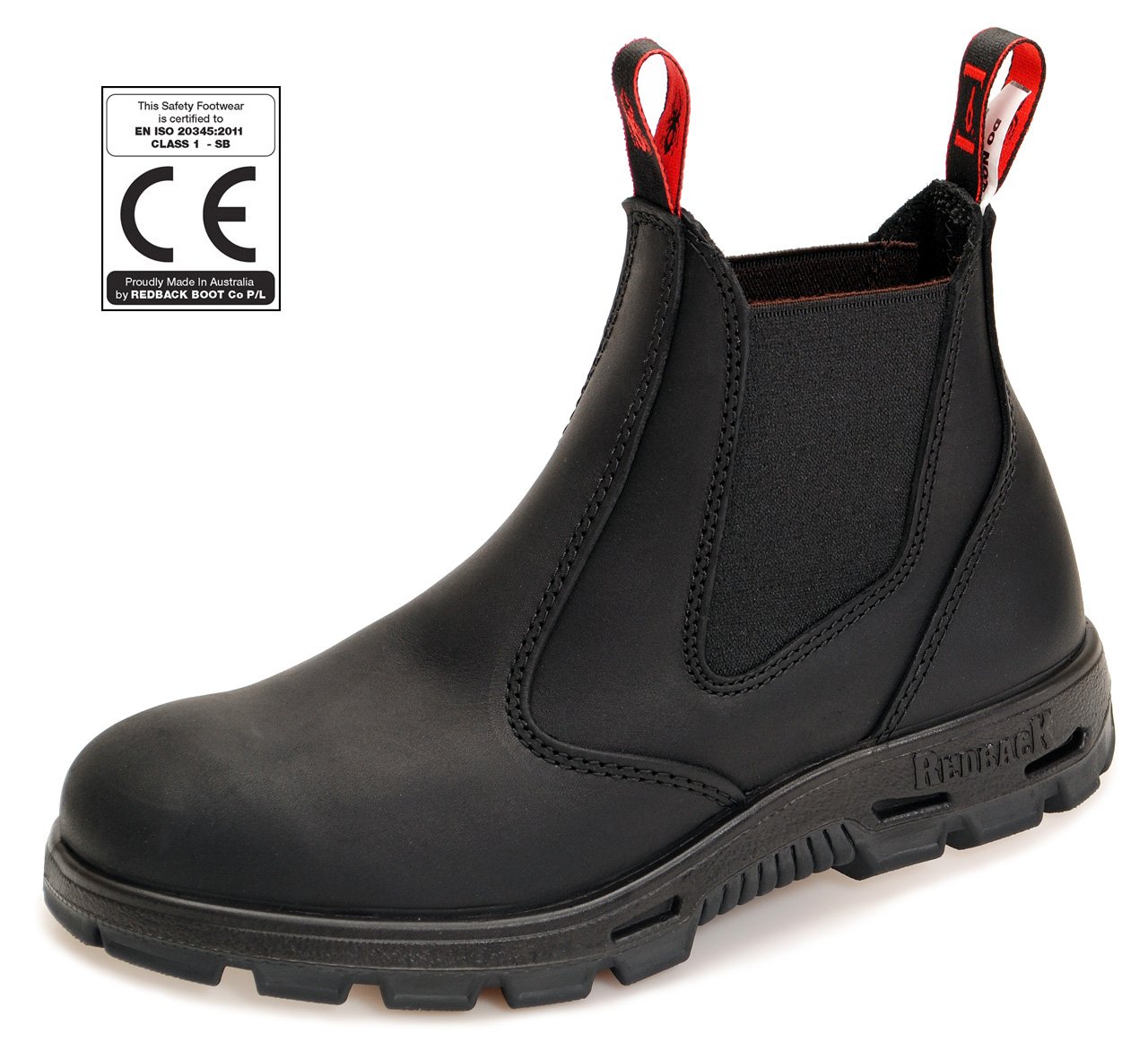Redback BUSBBK Safety Work Boots aus Australien - mit Stahlkappe - schwarze Sohle - Unisex | Black/Schwarz