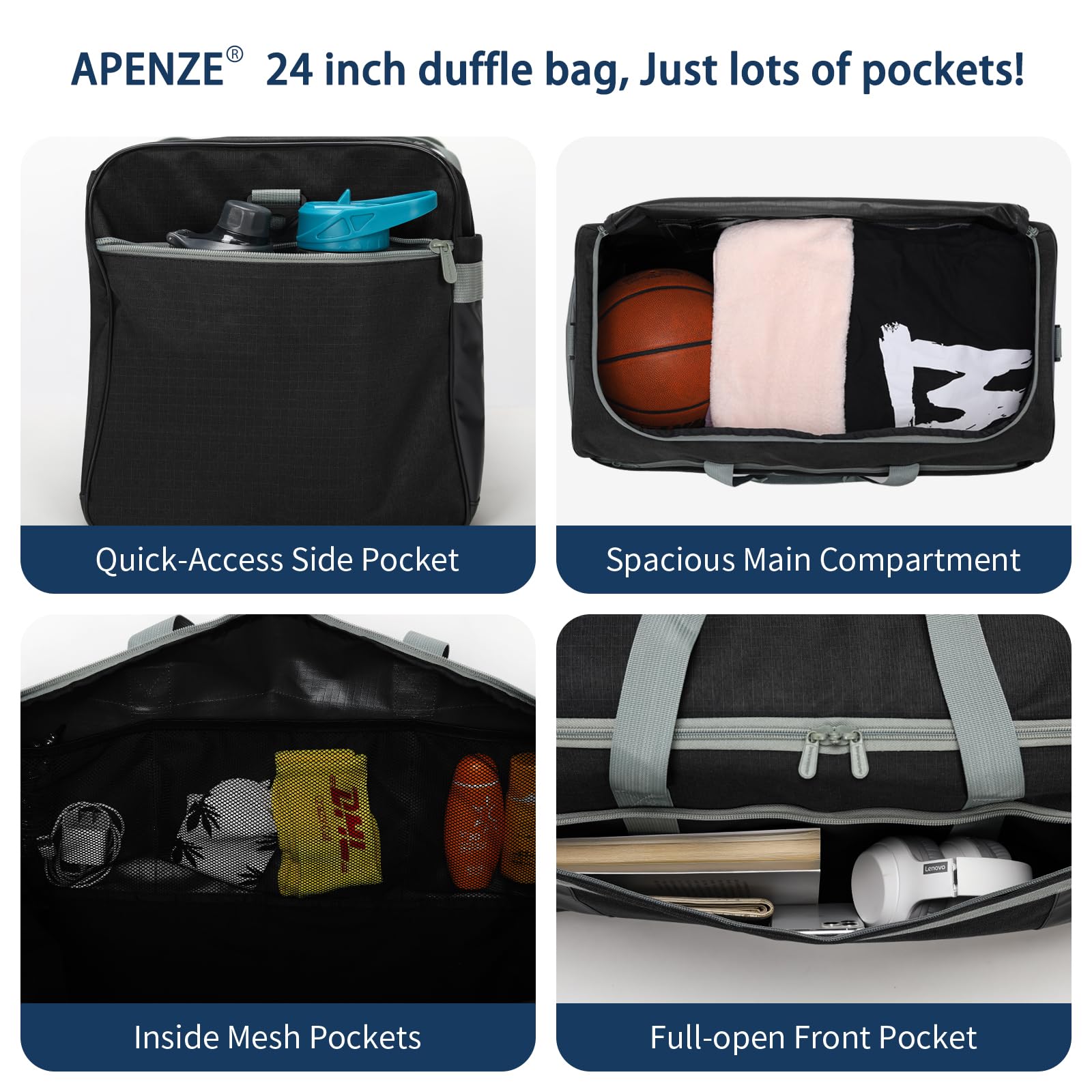 Apenze Bolsa deportiva de gimnasio para hombre de 65 L con compartimento para zapatos y mojados, Black, Bolsa de gimnasio para hombre