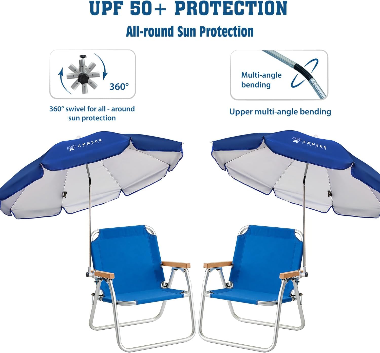 AMMSUN Chair Umbrella with Universal Clamp Adjustable 47 inches and 360° Swivel & UPF 50+ Protection Portable Sun Umbrella, Secure Clip on Camping/Beach Chairs, Stroller, Wheelchair, Golf cart, Lounger, Blue, 2 PACK