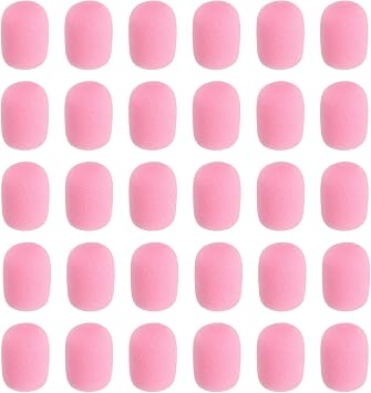 MECCANIXITY 30 Pcs Mini Foam Microphone Windscreen, 22x30mm High Density Pink Mic Cover Noise Reduction Foam Covers for Streaming Stage Conference Use