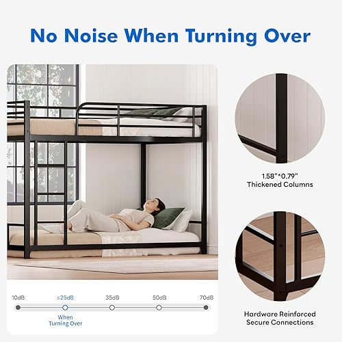 Miniatura 2 de Literas de metal de tamaño individual sobre individual, perfil bajo con escalera para niñas y niños, no necesita somier (negro)