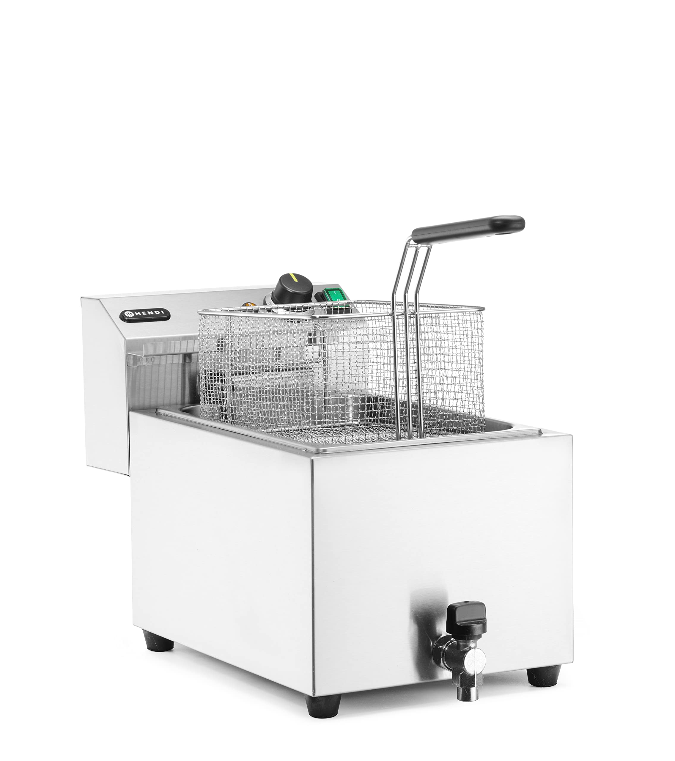 HENDI Fritteuse, mit Ablasshahn, Friteuse, Fritöse, einstellbar bis 190°C, Kaltzone, mit Frittierkorb und Deckel, 10L, 400V, 6600W, 302x687x(H)375mm, Edelstahl