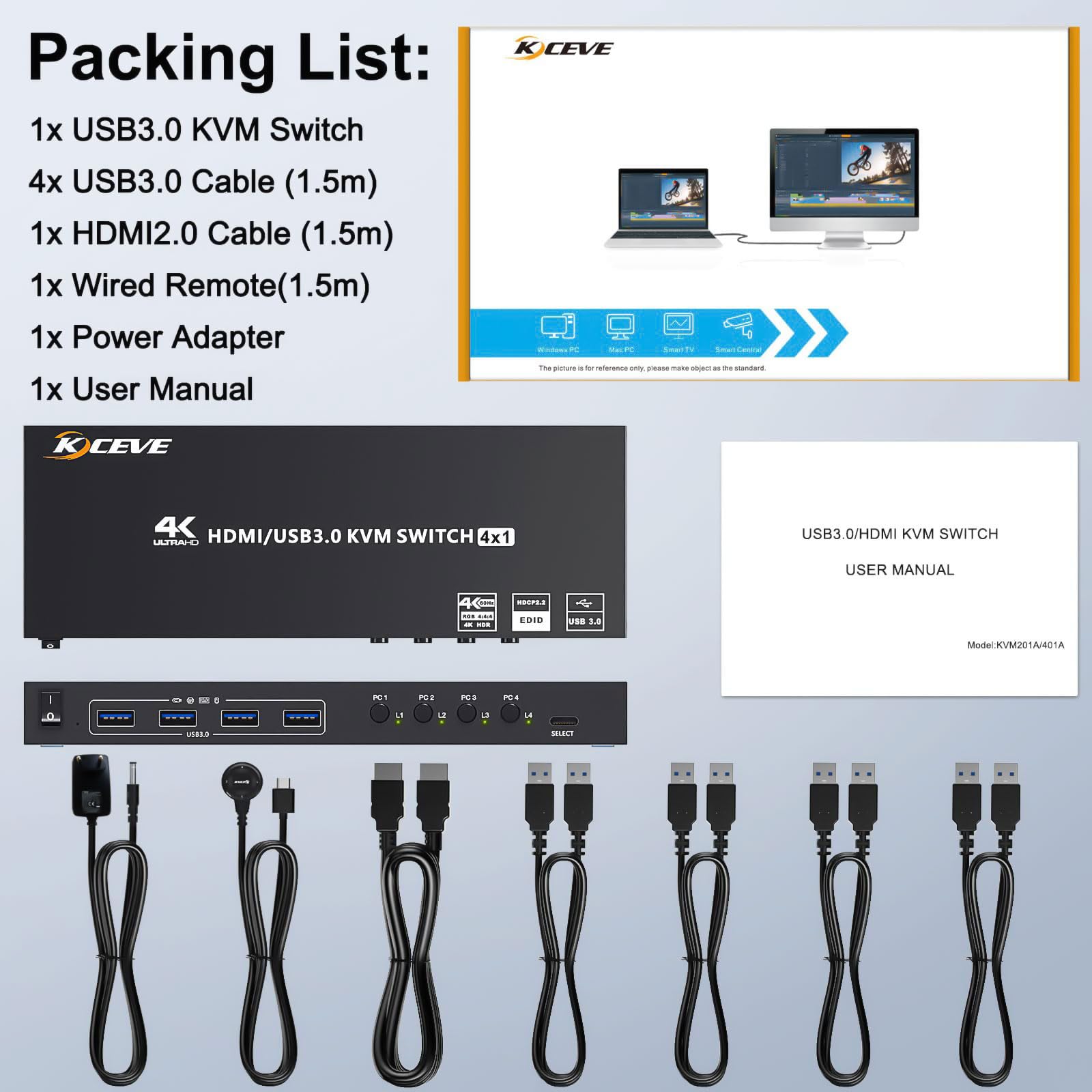 Switch KVM USB 3.0 HDMI 4 PC 1 Monitor, 4K@60Hz symulowane EDID, 4 portowe Przełącznik KVM udostępniające 4 urządzenia USB 3.0 Bezprzewodowa klawiatura z myszką Drukarka, z 5 kablami i Wired Remote