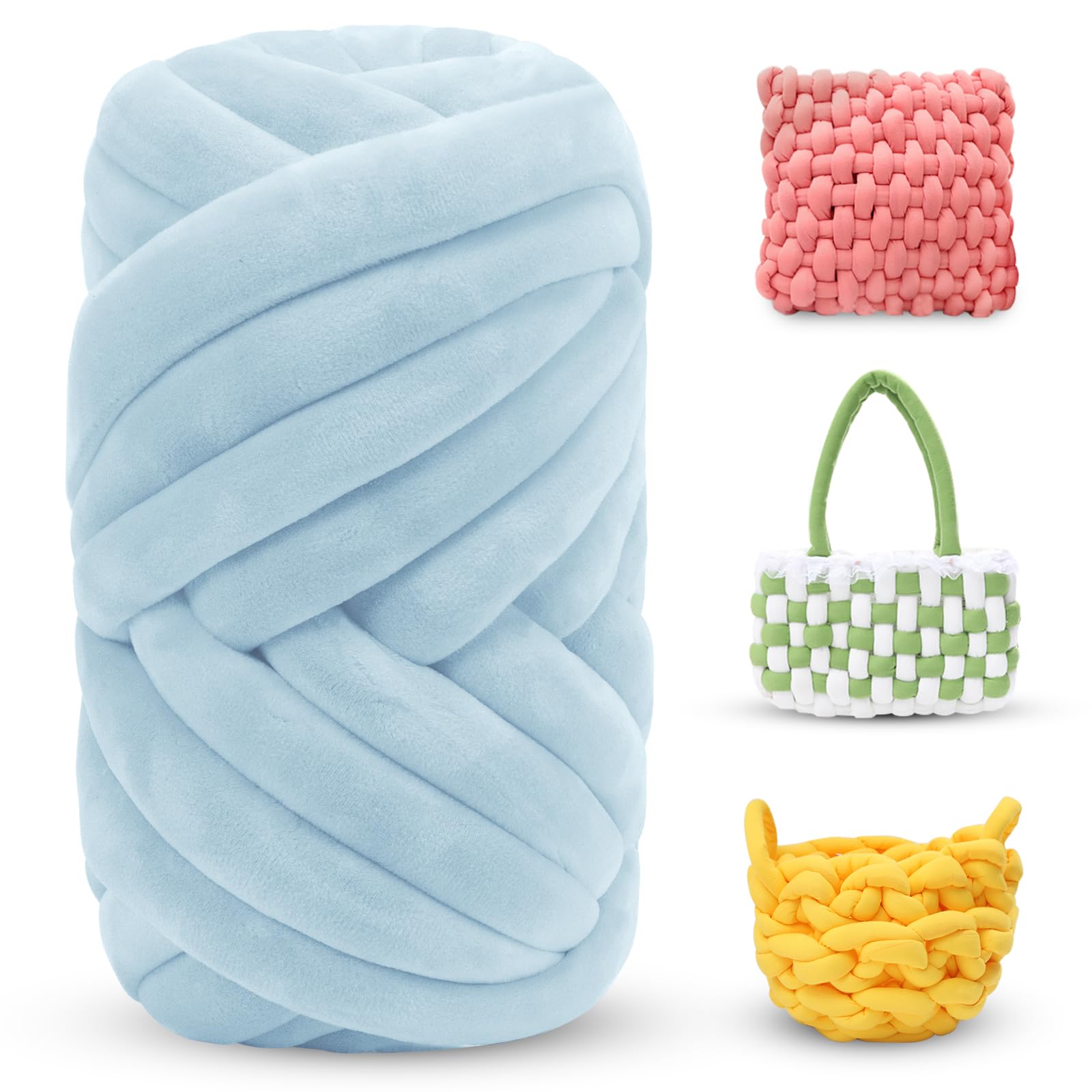 LEREATI Thick Chunky Yarn for Arm Knitting Jumbo Tube Soft Chunky Knit Blanket Velvet Yarn for Crocheting Handbags Hand Knitting Pet Bed Rugs Pillows Crafts (250g, Light Blue)