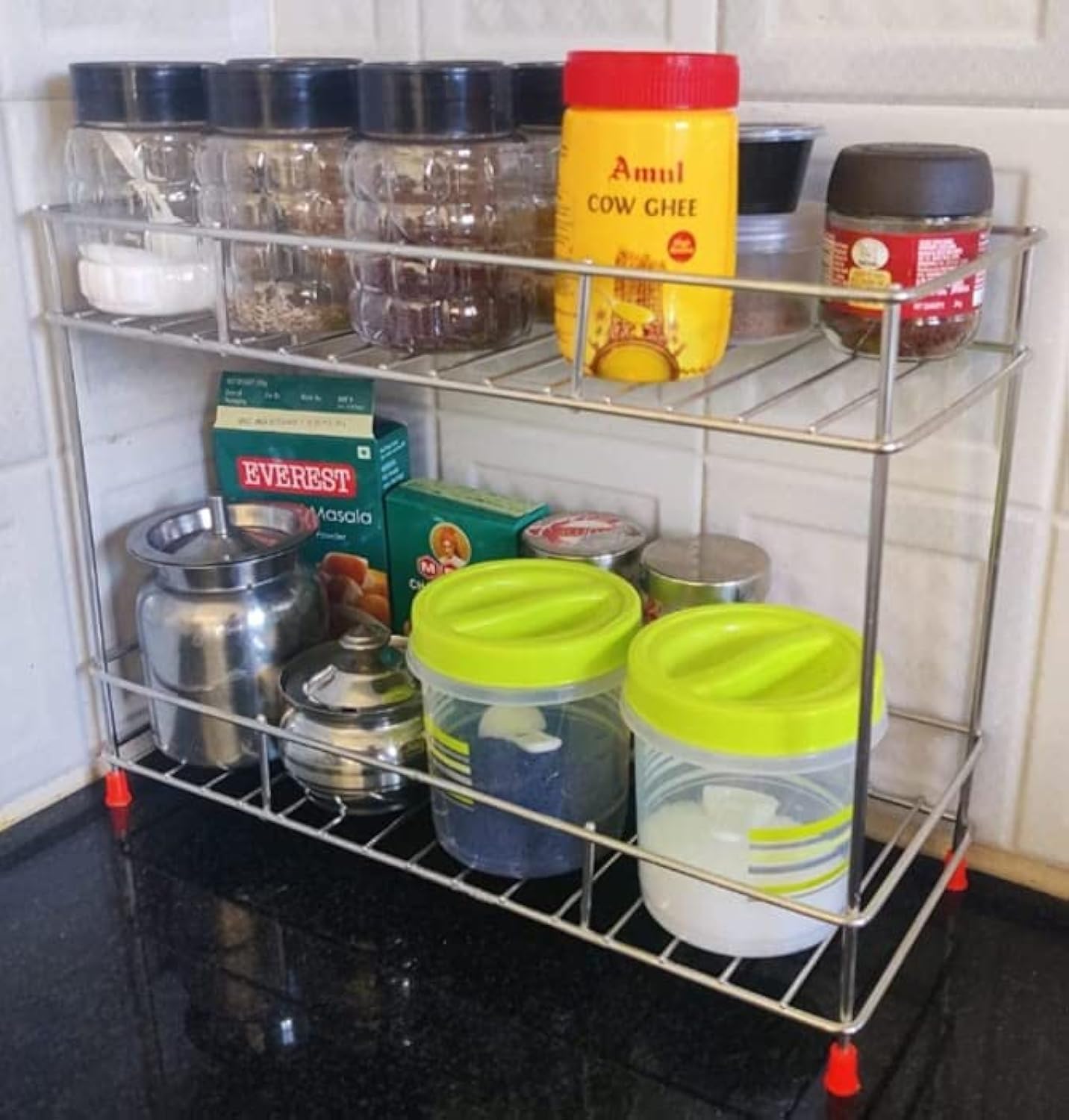 Cri8Hub Heavy Stainless Steel 2 Tier Kitchen Rack - Spice Boxes Rack Kitchen Stand - Cosmetic Organizer, Counter Top Basket -Floor Mounted Shelf for Home, Tiered Shelf (B0BZ5571M1) Amazon Price History, Amazon Price Tracker