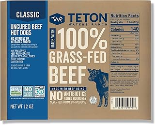 Teton Waters Ranch 100% Grass-Fed Beef Hot Dogs, Uncured All Beef Sausage, Fully Cooked, No Antibiotics or Hormones, Certified Humane - 6 count, 12oz