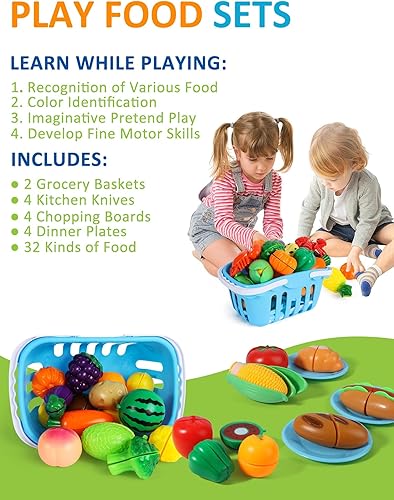 Miniatura 2 de Juego de juguetes de comida para niños pequeños, juguetes STEM, corte de velcro, frutas, verduras, 2 cestas, tablas de cortar, cuchillos de cocina,