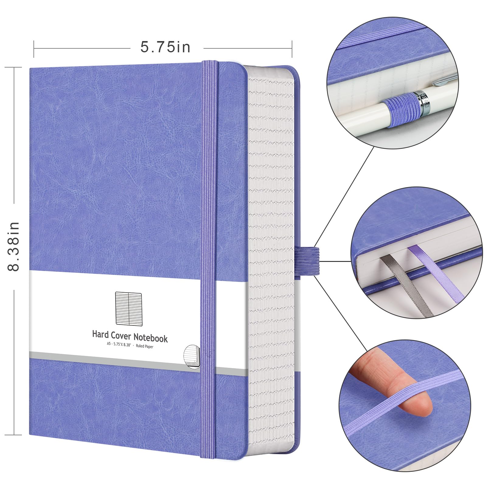 AHGXG Quaderno a righe, 320 pagine numerate, A5 (14 x 21 cm) | Taccuino a righe spesse per prendere appunti, carta da 100 g/m², copertina rigida in pelle, per donne e uomini (viola)