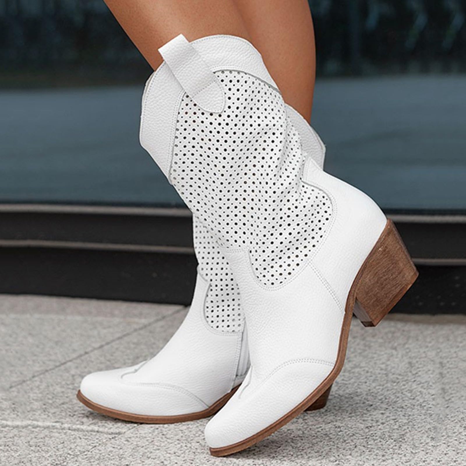 Stivali da cowboy da donna in stile western, a metà polpaccio, con punta a tagliente, stile country e occidentale, stivali da donna con tacco vintage e plateau, stivali alti al ginocchio a punta per