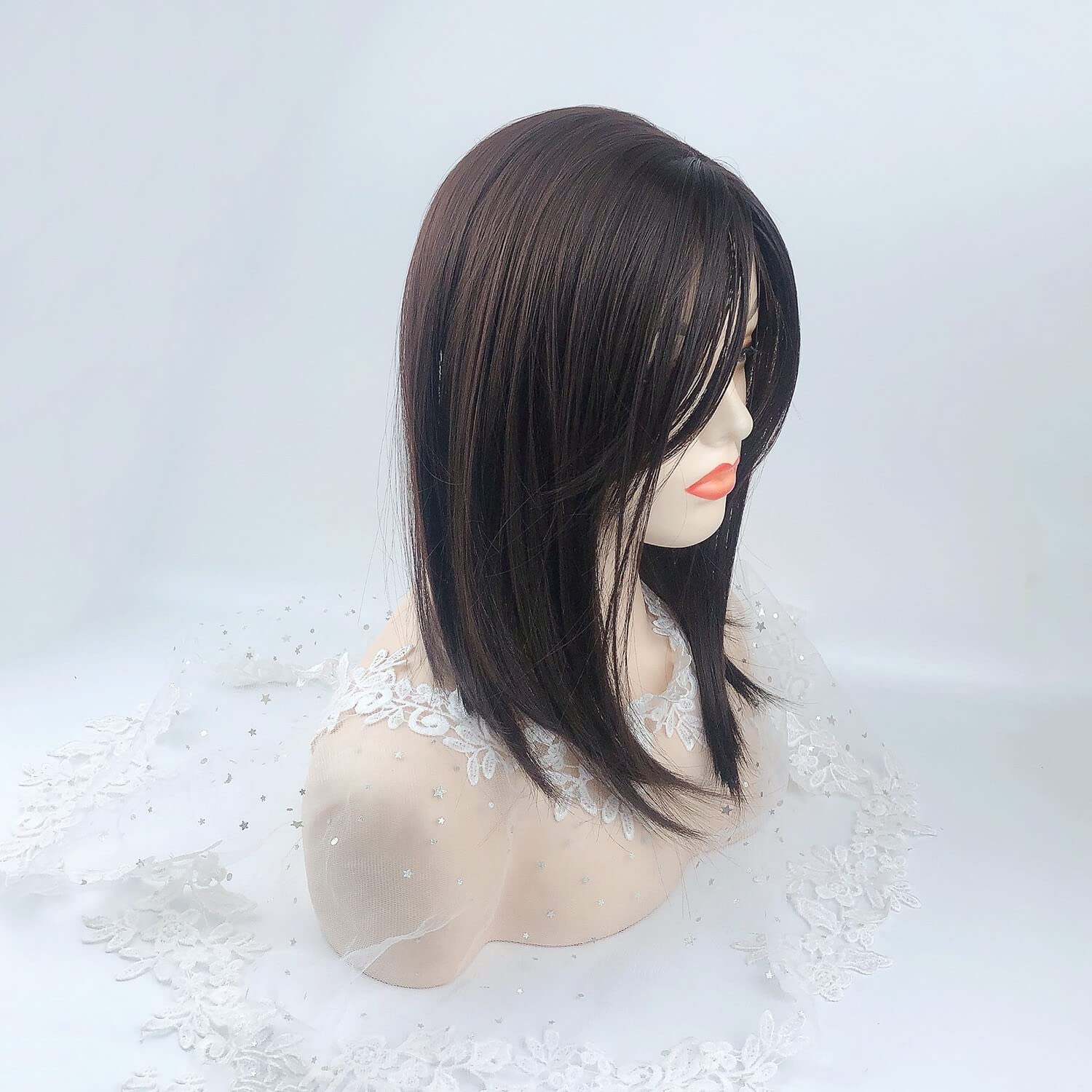 Seamless Straight Head Top Hairpiece Free Part Clip in Topper With Side Part Bangs (Dark Brown), 12x12cm - Image 4