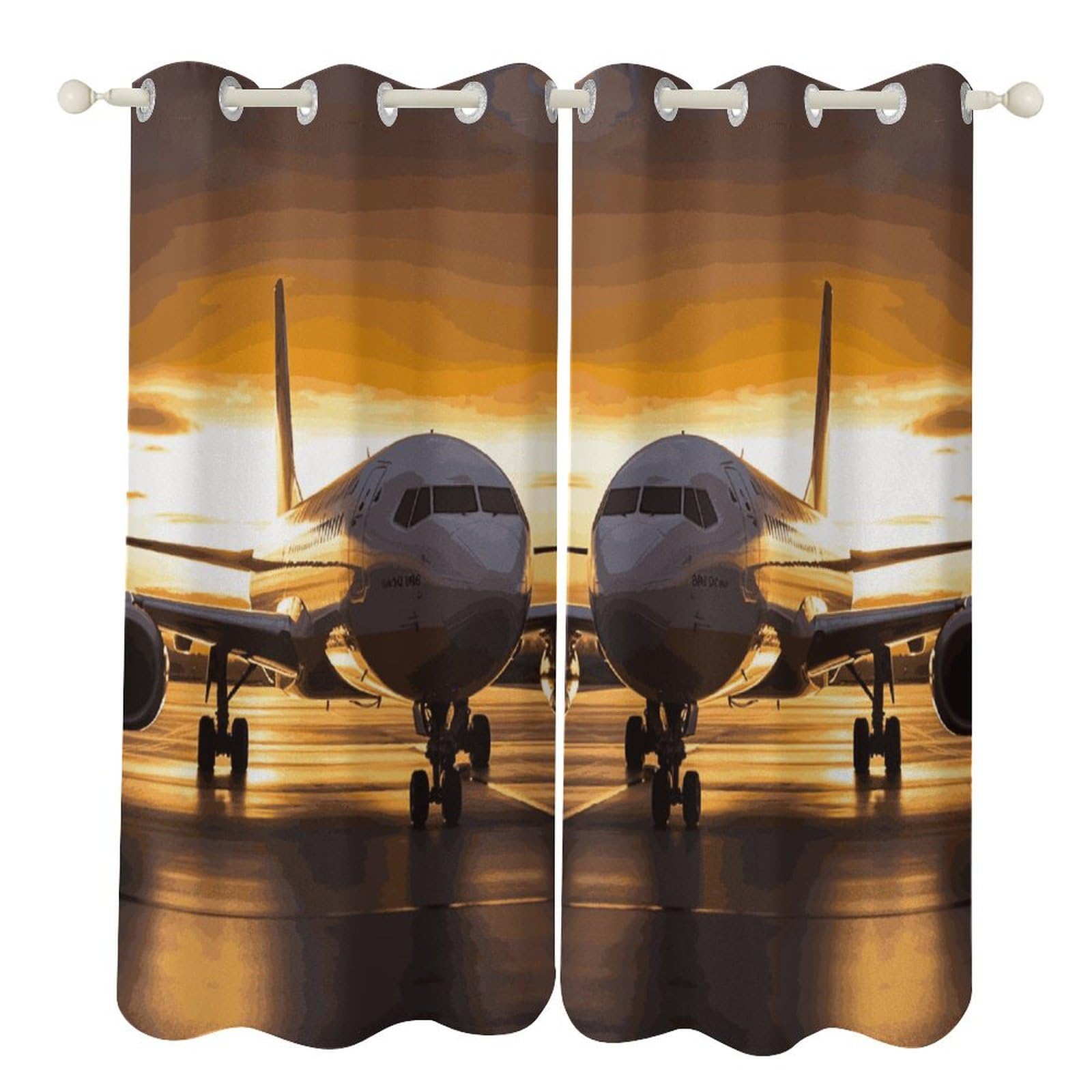 Rideaux occultants à œillets pour salon et chambre motif avion au coucher du soleil