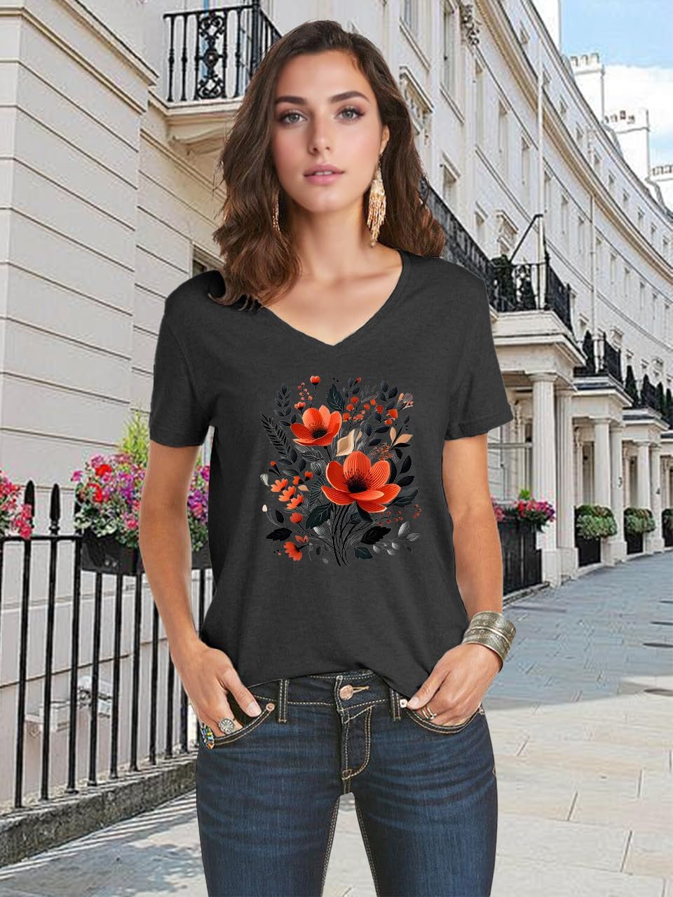 V Neck T Shirts for Women Cute Flower Graphic Tees Summer Tops Floral Print T Shirts Vintage Wildflower Tees - Image 3