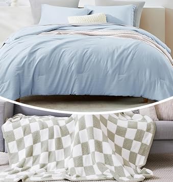 WRENSONGE Queen Comforter Set and Checkered Throw Blanket Bundle