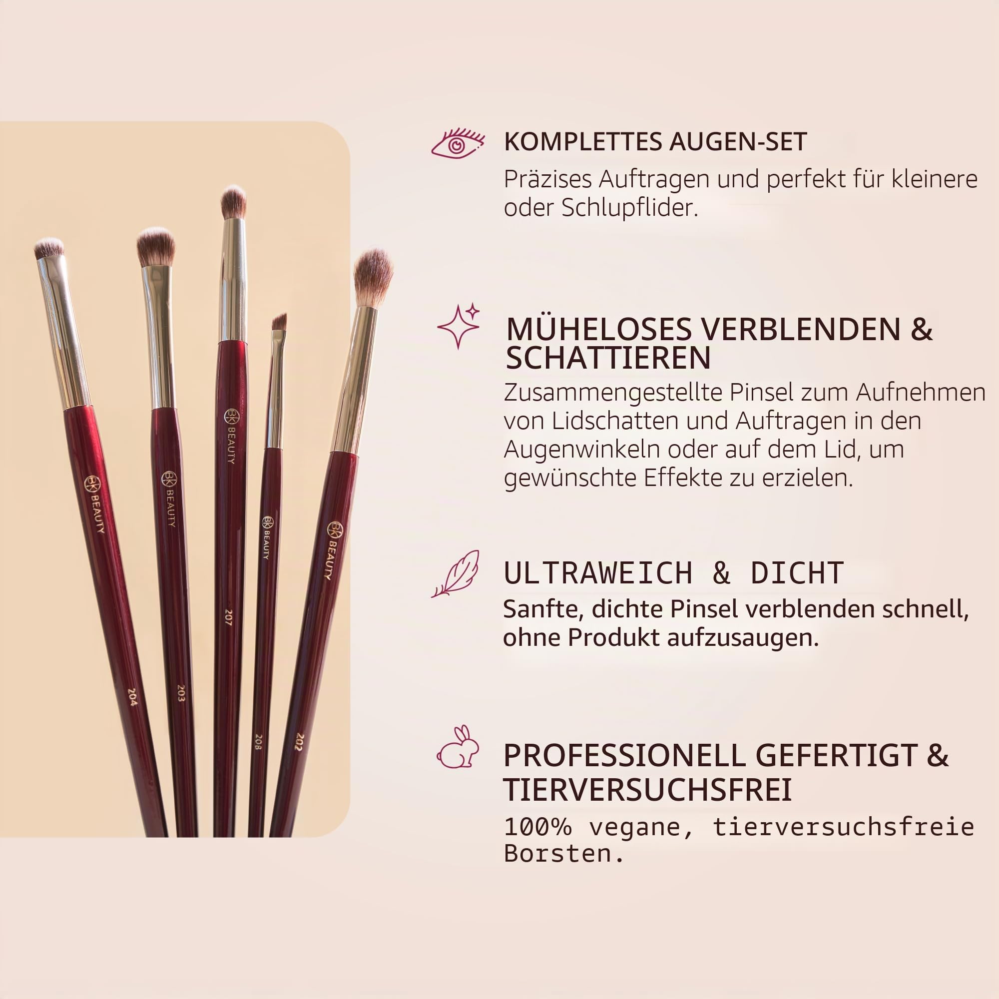 BK BEAUTY - Pinsel-Set für mit Kapuze oder kleineren Augen (5-teilig) – Lidschatten-Pinsel-Set zum Verblenden, Verwischen und Definieren von Lidschatten und Eyeliner | Premium-Augen-Make-up-Pinsel für