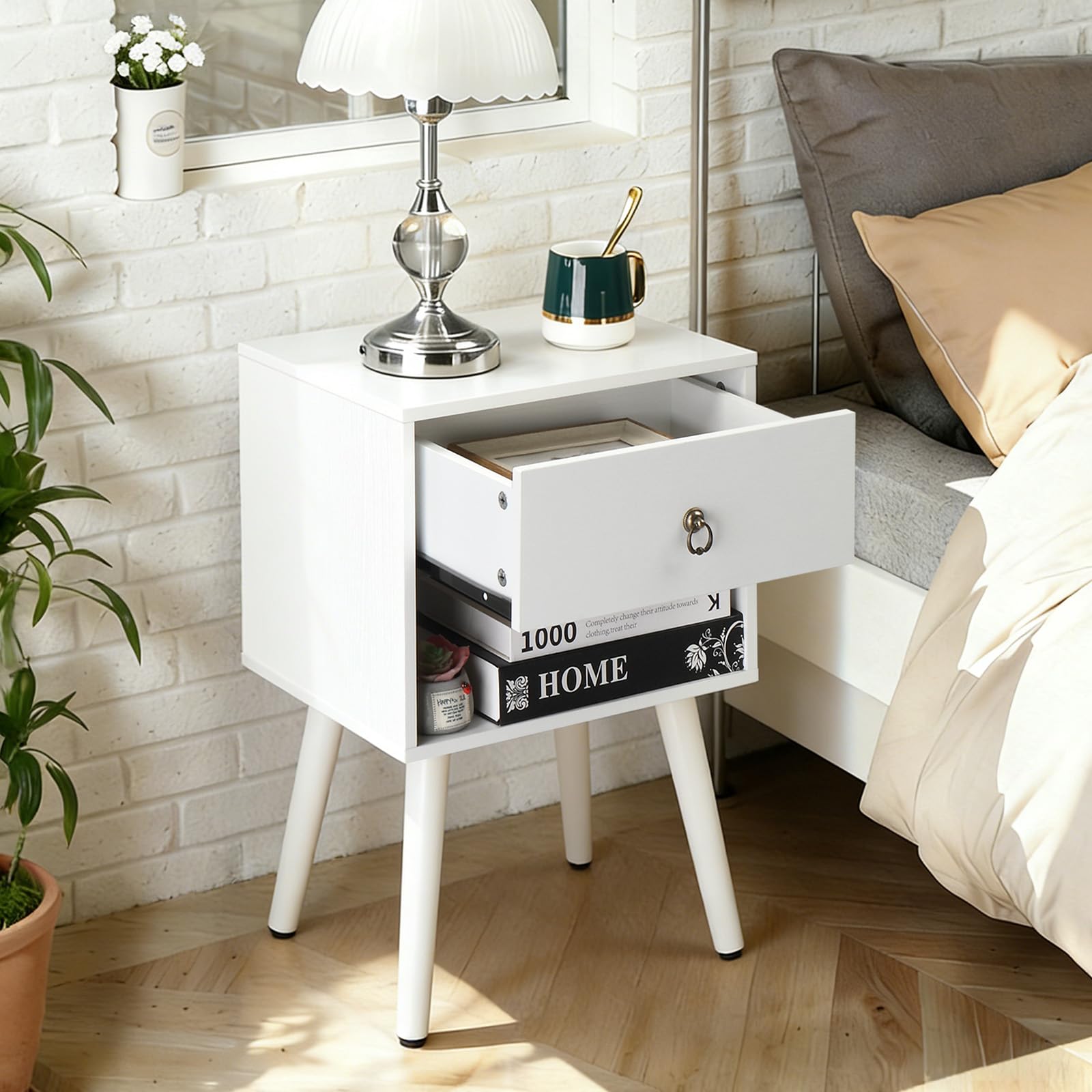 LEADZM Table de Chevet, Tables Basses avec 1 tiroir 1 étagère Ouverte Table d'appoint, Meuble de Nuit, Commode de Nuit, 38 x 30 x 55 cm (1, Blanc)