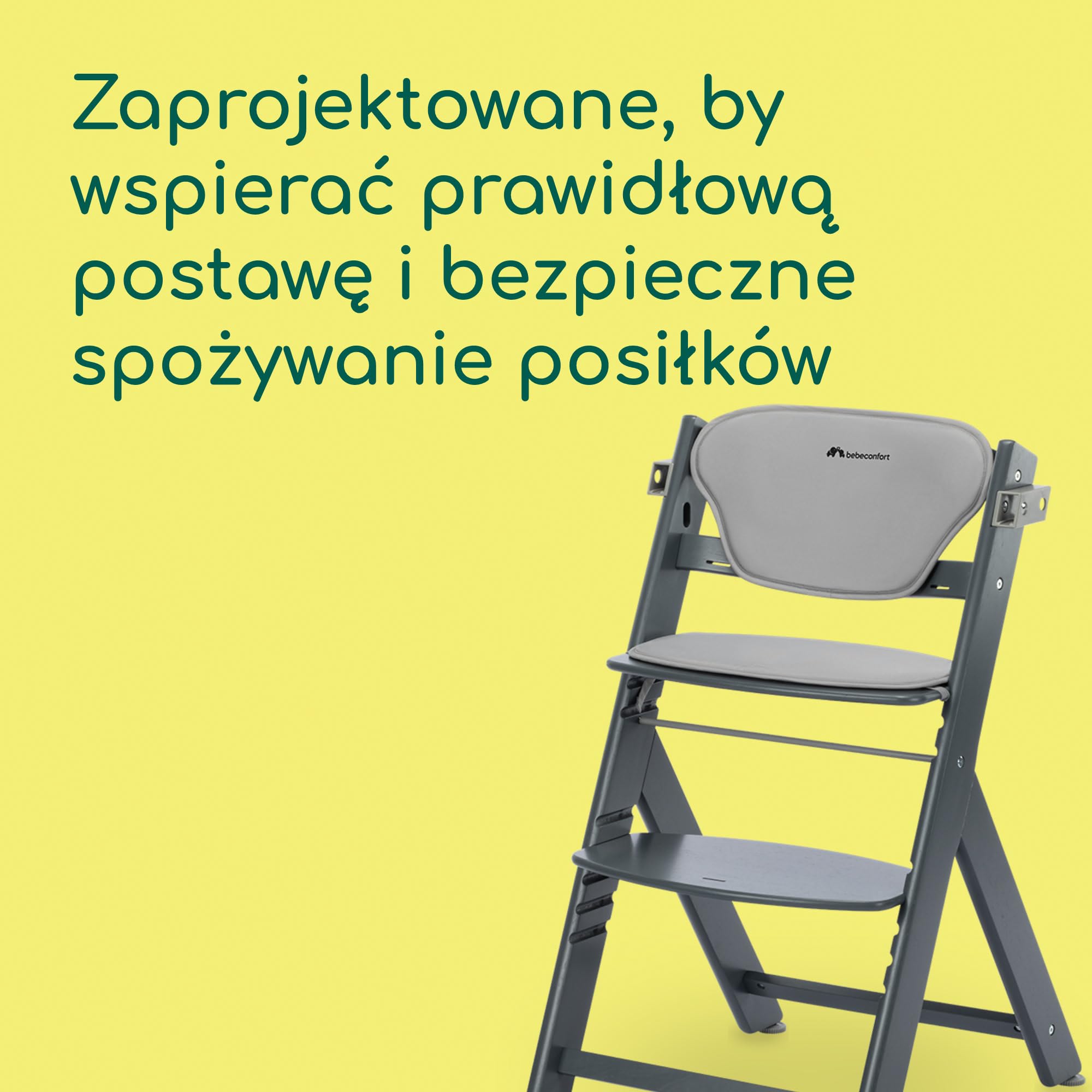 Bebeconfort Timba 2 z Poduszką, Krzesełko Dziecięce Drewniane, 6+ Miesięcy, Do 110 kg, Ergonomiczne Krzesełko do Karmienia, Pasuje do Wielu Stołów, Wyjmowana Taca, Grey Mist