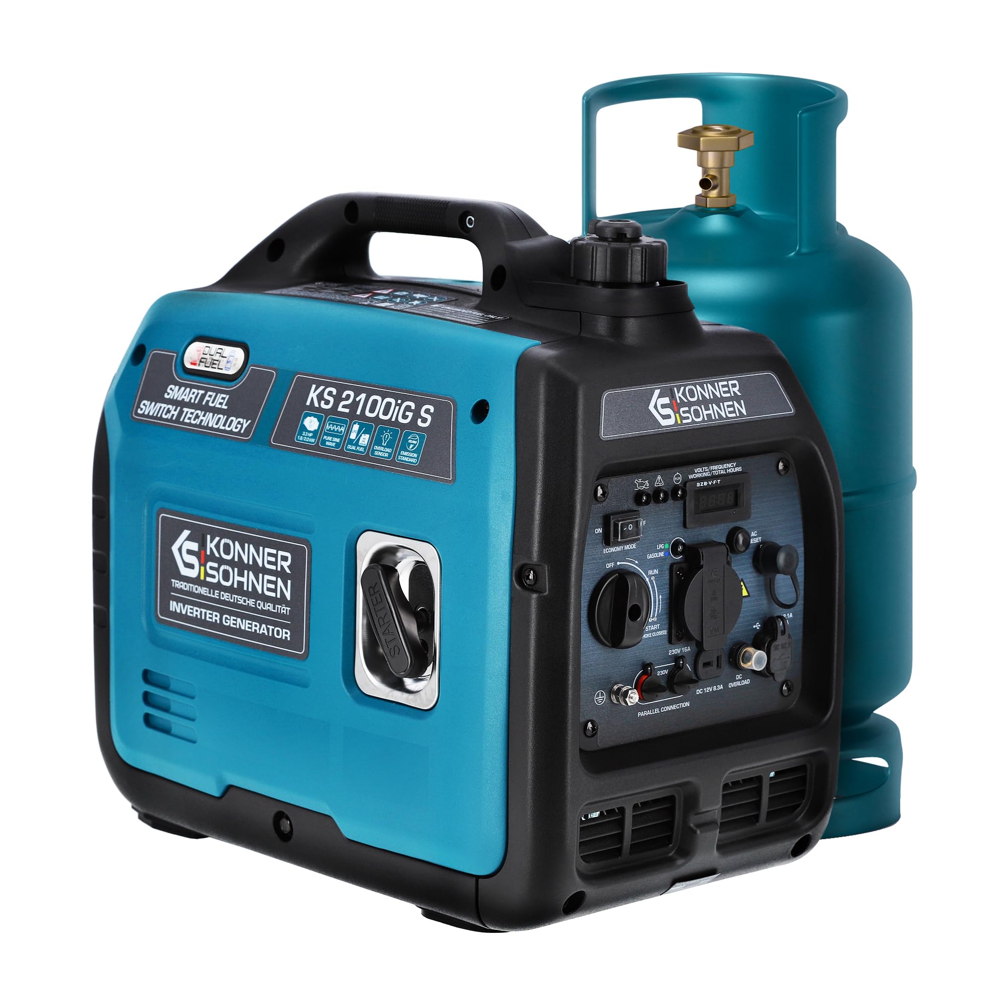 Könner & Söhnen KS 2100iG S Generador Inverter Gasolina 2000W Schuko Socket 230V 2 Puertos USB Indicador LED Modo ECO Generador de Emergencia EURO V