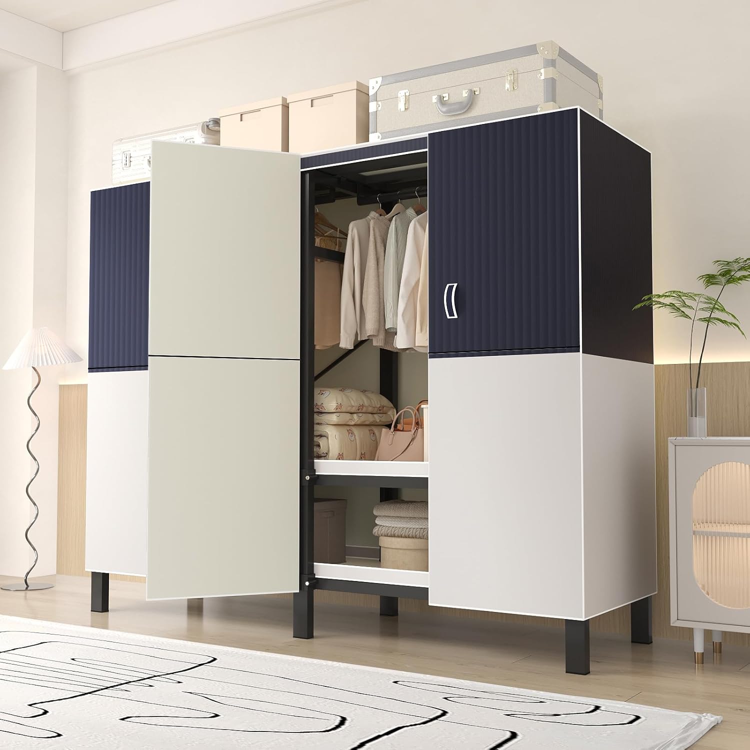 Large Portable Closets for Hanging Clothes | Heavy Duty Clothes Rack with Cover Foldable | Max Load 1000LBS Portable Wardrobe | Portable Closet, Double Rods Bedroom (Blue-magnetic door, 70.8")