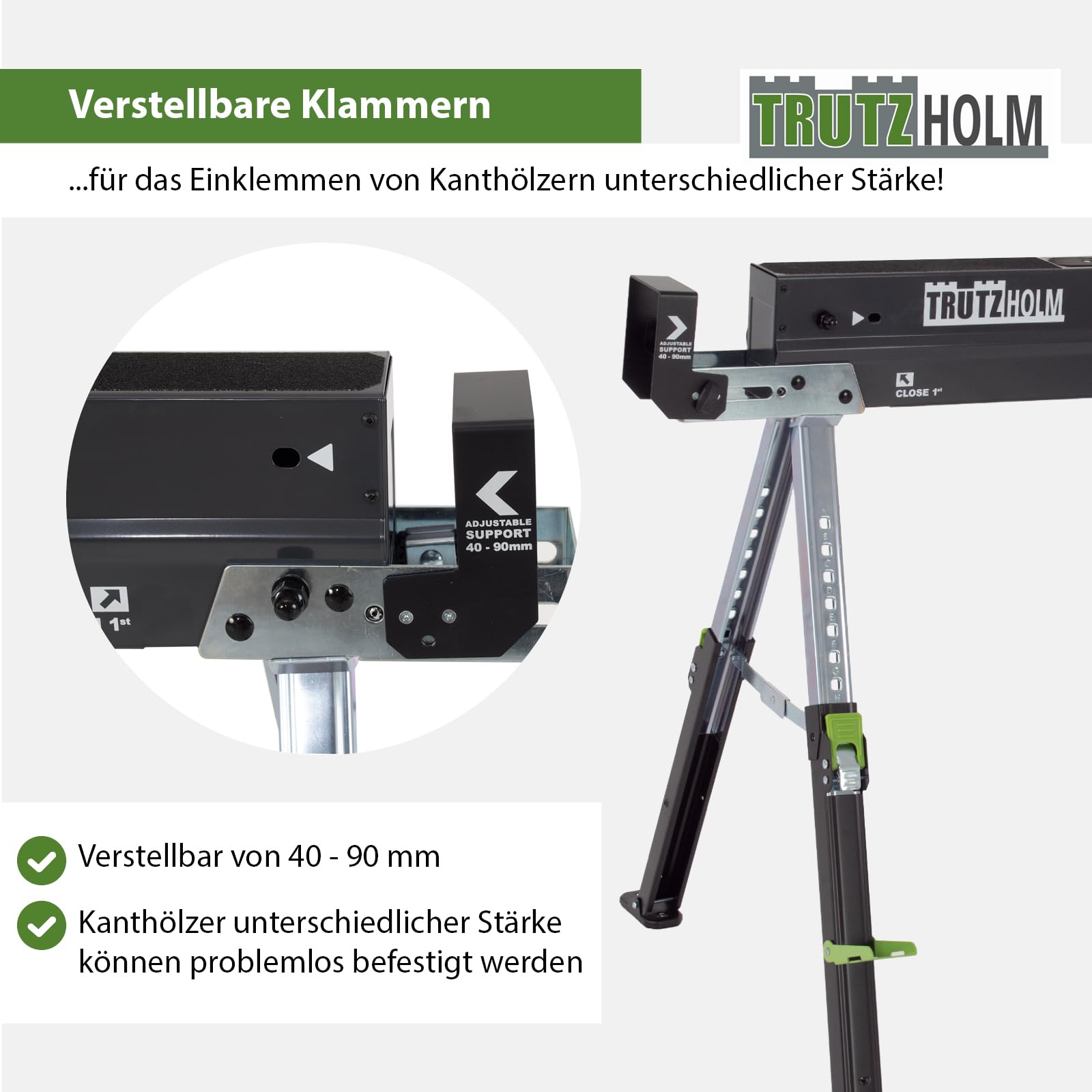 TRUTZHOLM 2x Sägebock 2.0 DELUXE 9-fach höhenverstellbar Stahl bis 1300 kg Klappbock Arbeitsbock Werkbock verstellbare Klemmen für Kanthölzer integrierter Tragegriff Unterstellbock Werkbank
