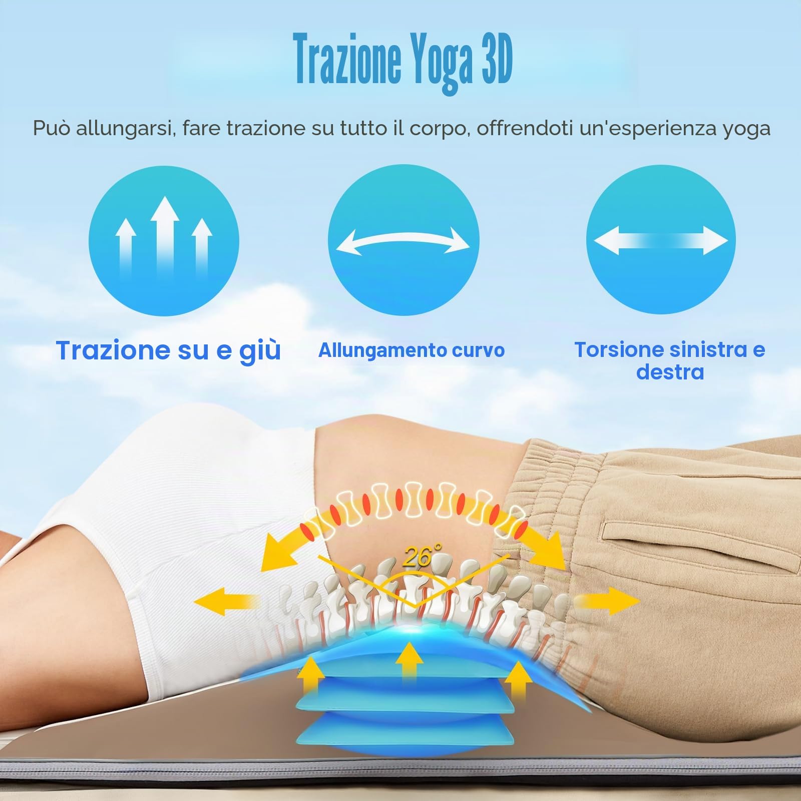 Tappetino massaggio completo con airbag stretching e riscaldamento, trazione lombare, cuscinetto 3D, 4 modalità, 3 intensità, 3 livelli calore, pelle