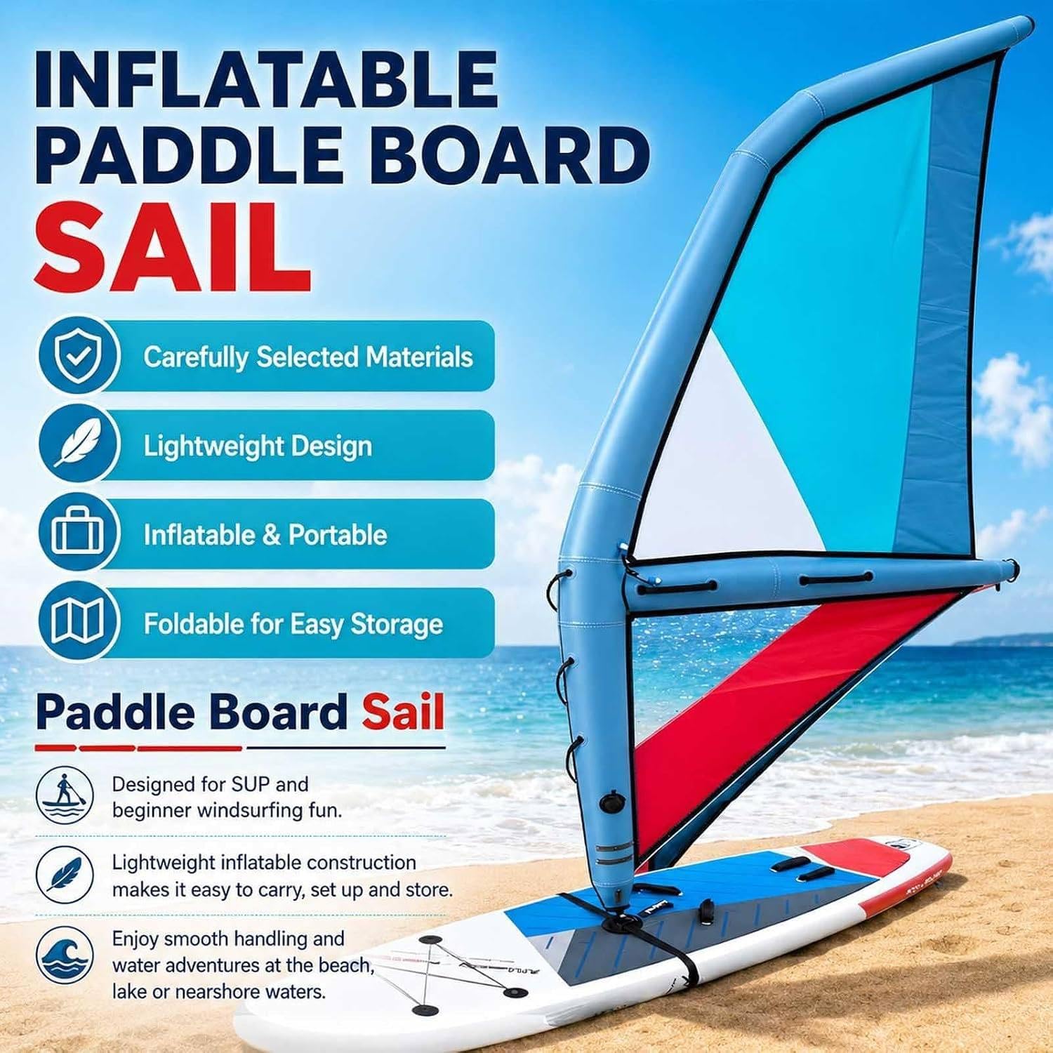 Vela Sup Portátil con Doble Cámara y Ventana Transparente 2.2m | Elige 2,2, 3,2, 4,2 O 5,2 M²; Base Articulada, Bomba, Mochila Y Leash; Tabla De Paddle Surf No Incluida, Para Windsurf