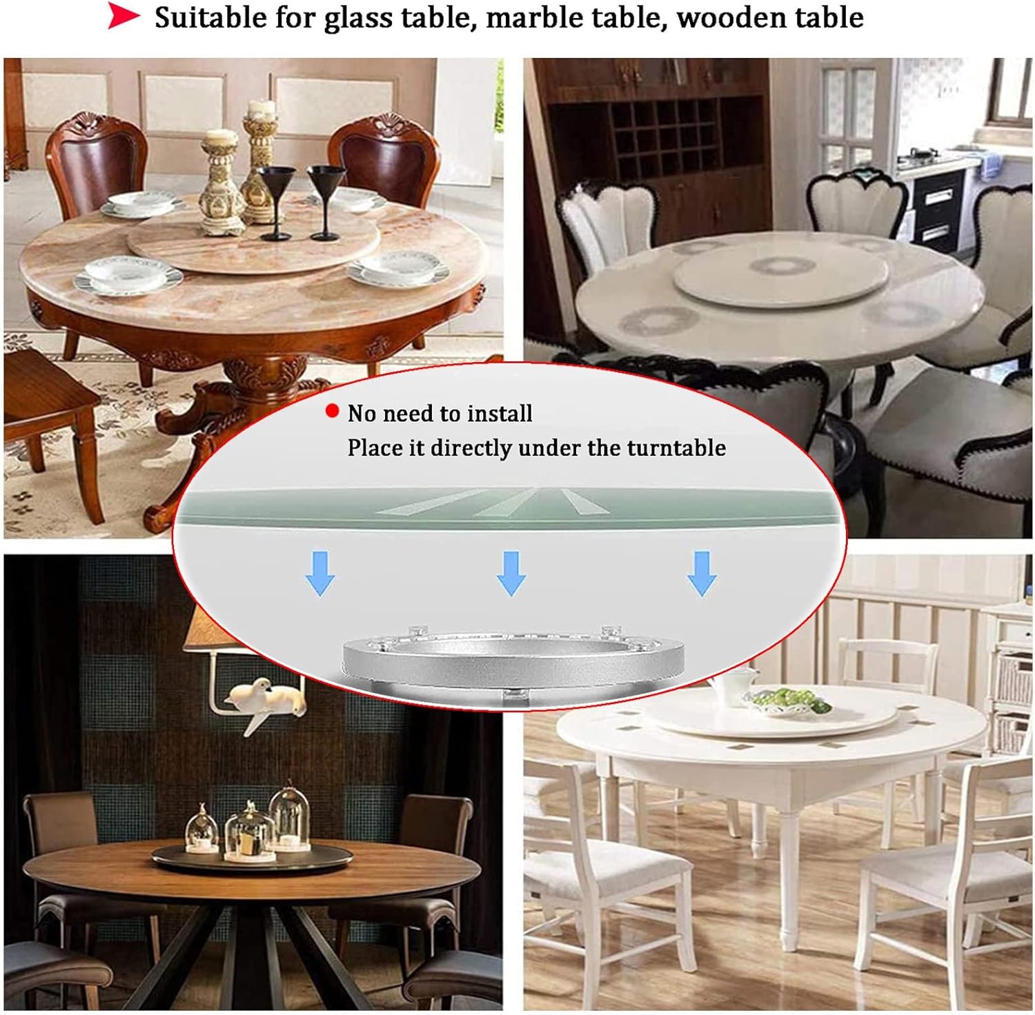 Aluminum Lazy Susan Bearing Turntable Ring Heavy Loads Base For Round Table Ø 8in 10in 12in 14in 16in 20in 24ni 27in 32in 360 Degree Swivel Turntable, For Glass/Granite/Wood Kitchen Ding Table