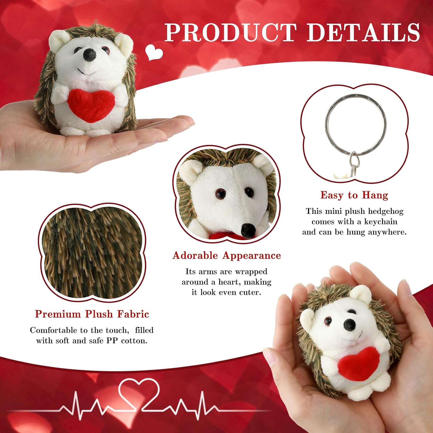 24pcs Valentines Day Plush Hedgehog Toy Bulk 4 inch Hedgehog Stuffed Animals Plush Toy for Classroom Gifts Valentine's Gift for Kids
