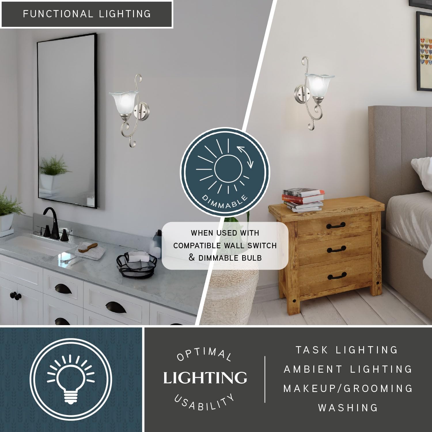 VAXCEL Bella 1-Light 7.25 inch Wide Brushed Nickel Transitional Bathroom Vanity Lighting Fixture, White Alabaster Scalloped Glass Shade, Dimmable, LED Compatible, Wall Mounted Steel Sconce