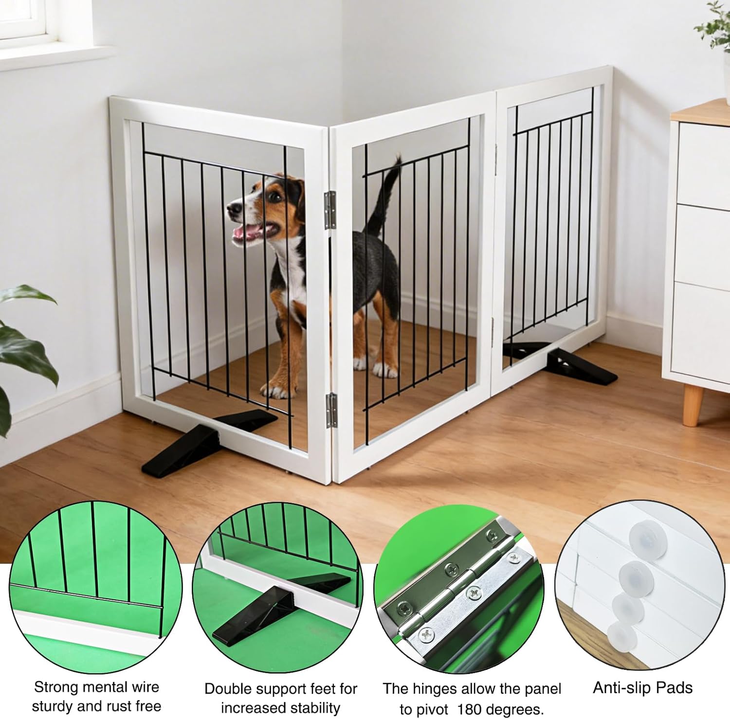 ZJSF Freestanding Dog Gate Indoor, Foldable Dog Fence for Doorways,Hallways or Stairs, Sturdy Wood Extra Wide Pet Gate with Support Feet,White,24 "Height-3 Panels