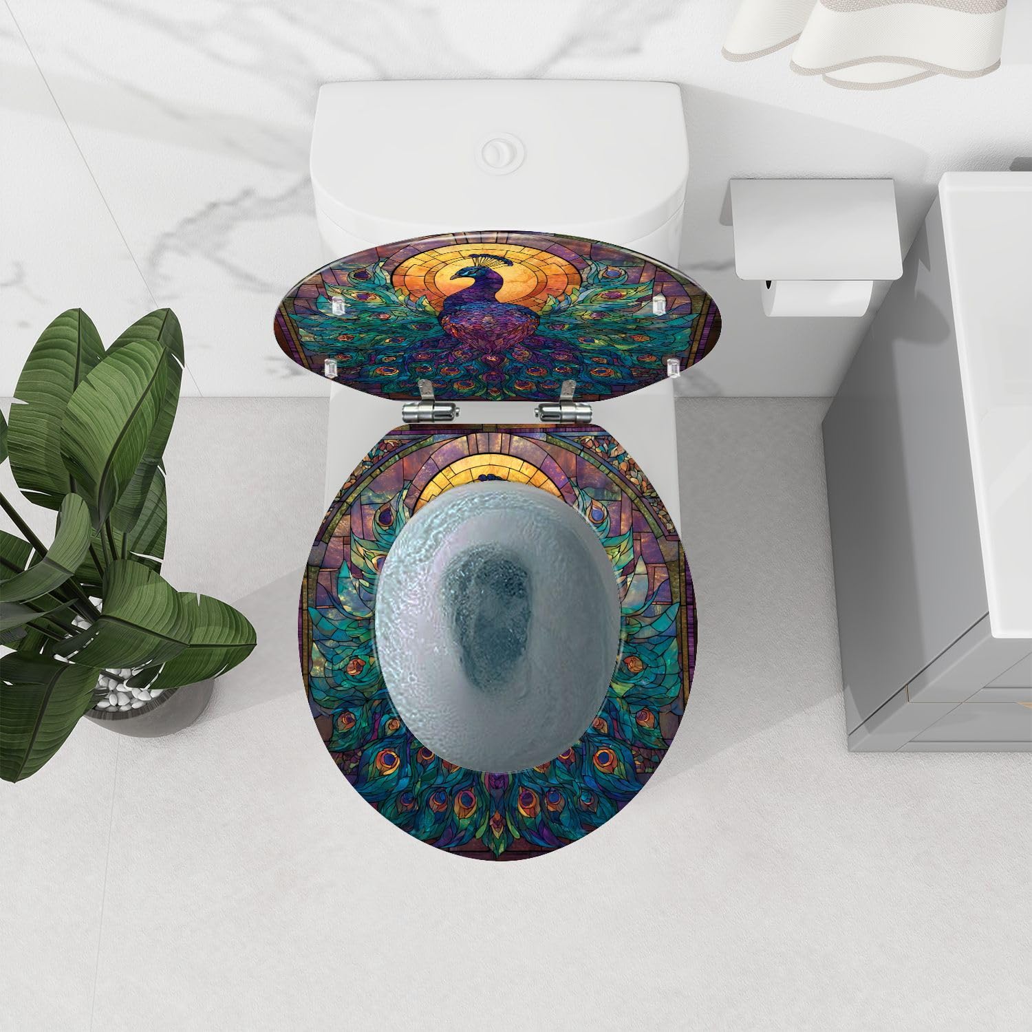 Sedile WC rotondo in resina decorativa di alta qualità, con maestosa decorazione effetto marmo e vetrata, cerniere a chiusura ammortizzata e sgancio rapido, paracolpi e coperchio, facile da installare