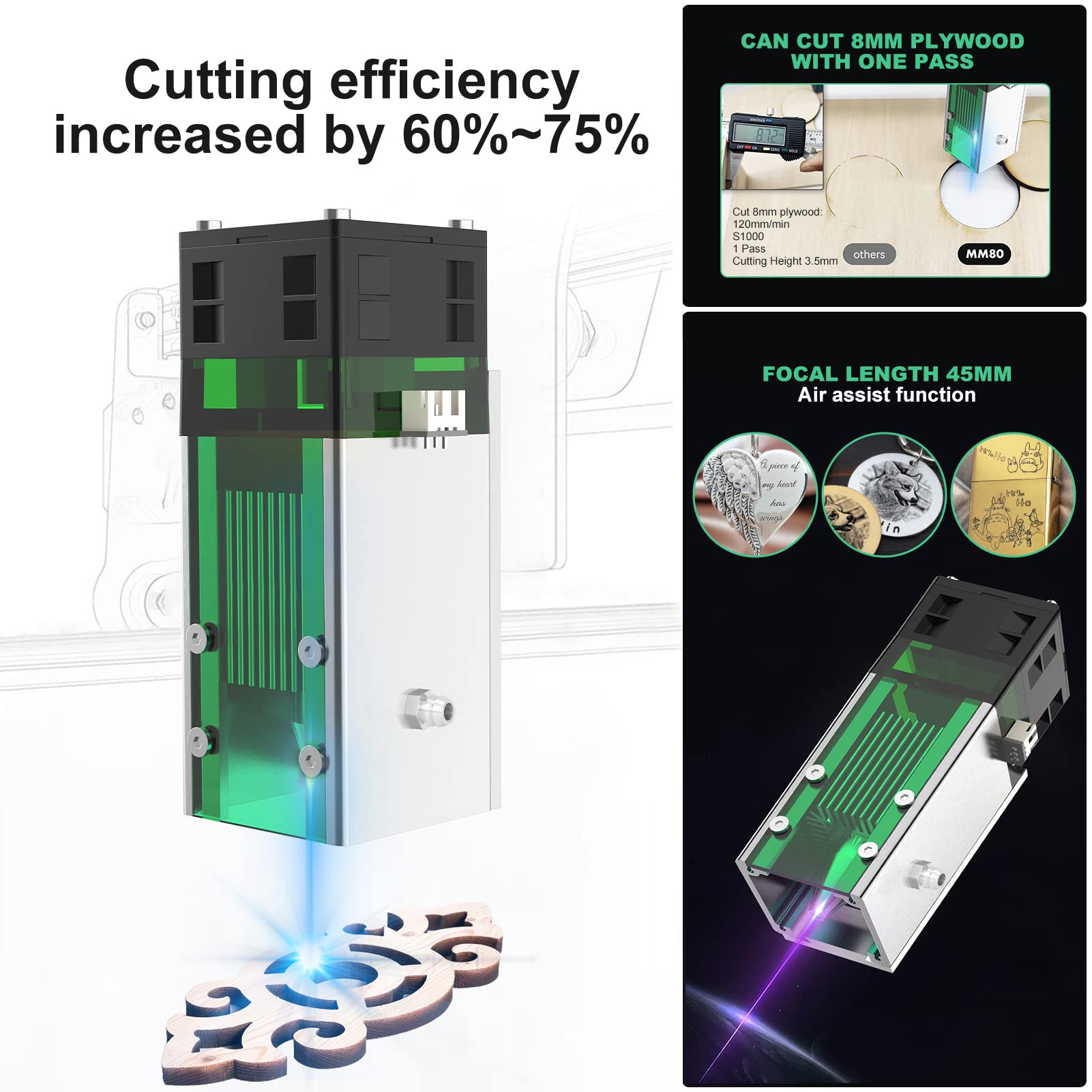 Twotrees 10W Lasermodul für Lasergravur, Hochpräziser Fixfokus Laserkopf mit Schutzhaube & Luftführung, 1200°C Sintertemperatur für CNC Holzschneiden & Metallgravur, Kompatibel mit S9/A5 Pro