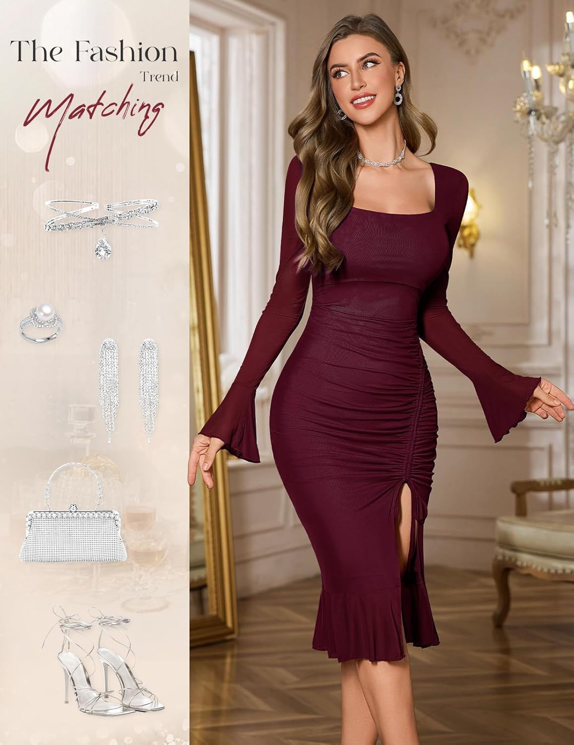 HomRain Women's Long Sleeve Midi Dress Bodycon Square Neck Split Hem Mesh Wedding Guest Cocktail Party Dresses - Image 5