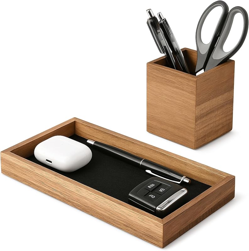 HULISEN Wooden Desk Organizer Tray, Pencil Holder with Felt Lining | Non-Slip Desk Tray Set, Pen Storage Compartment, Space-Saving Design, Desktop Accessory for Room Office & Workspace