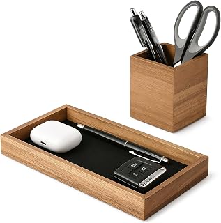 HULISEN Wooden Desk Organizer Tray with Pen Holder, Non-Slip Desk Tray and Pencil Holder Set with Felt Lined, Desktop Accessories for Home Office Workspace Organization