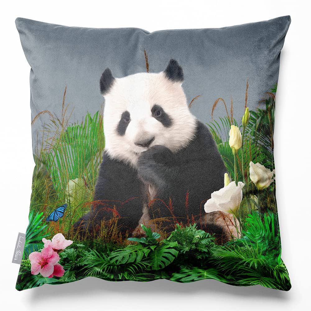 Izabela Peters Forrest Panda - French Grey Cushions With Covers Included, Filled Cushion, Eco-Friendly Velvet Cushions, 40 Cm, Chair Cushions, Sofa Cushions, Seat Cushions, Large Cushions
