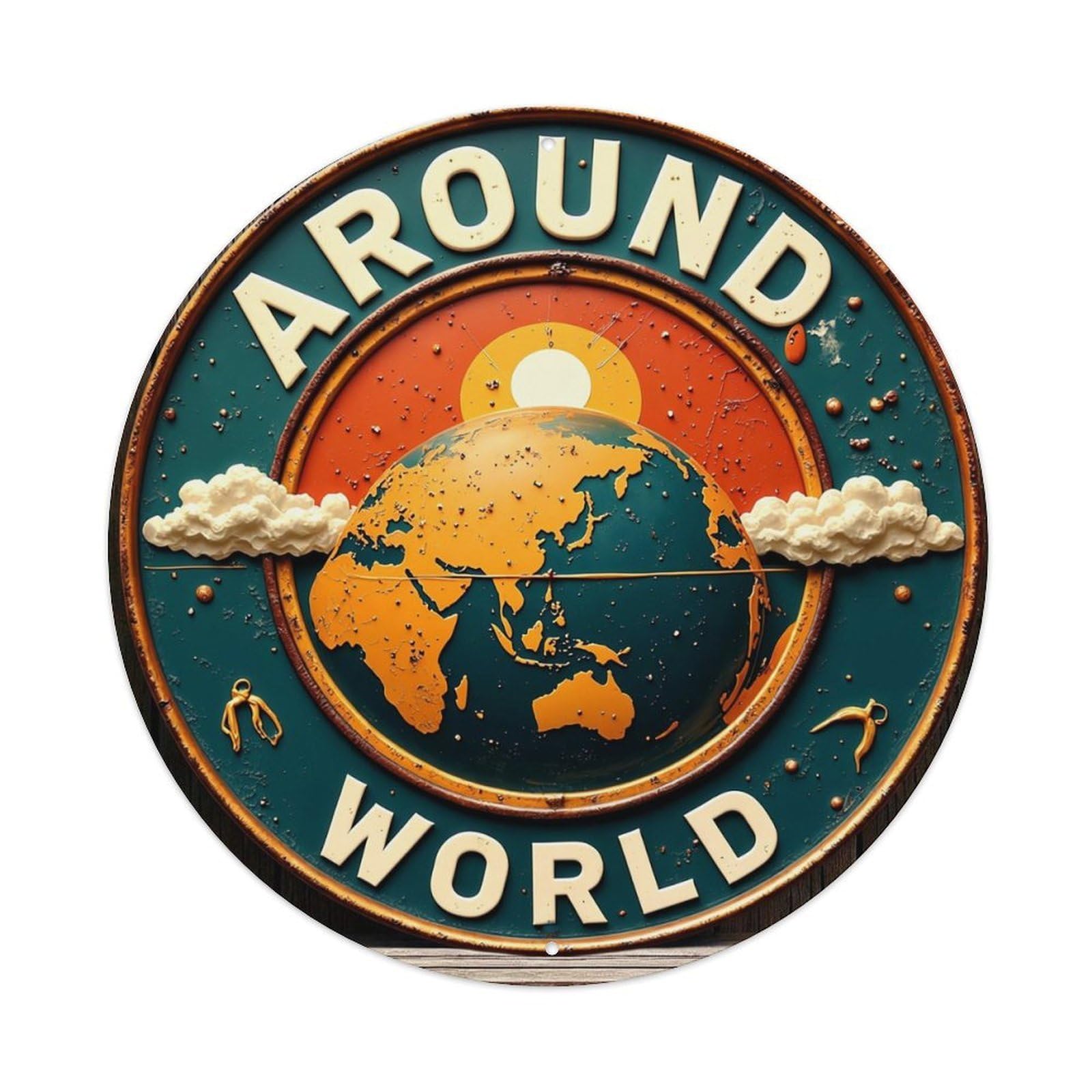 Around World Globe Sun Clouds Metal Tin Sign Plaque