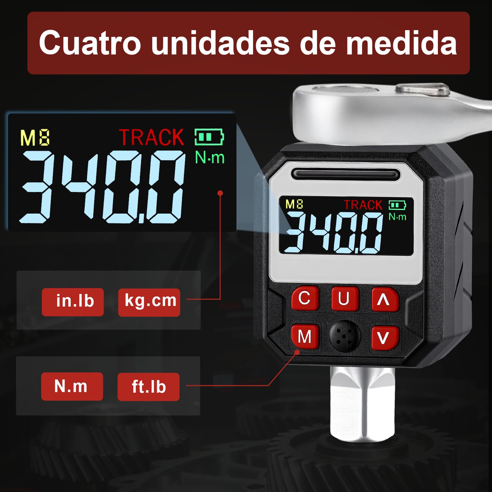 Medidor de Torsión Digital con Adaptador de Torsión de Llave de Pantalla LED de Transmisión de 1/2 Pulgada, Material de CRV, 9 Modos Preestablecidos, Seguimiento en Tiempo Real y (17-340NM)