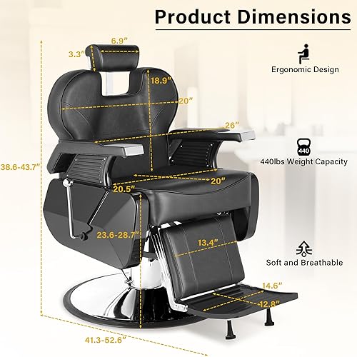 Miniatura 3 de Silla de peluquería negra, silla hidráulica de peluquería para peluquería con reposacabezas y reposapiés ajustables, sillas de peluquería