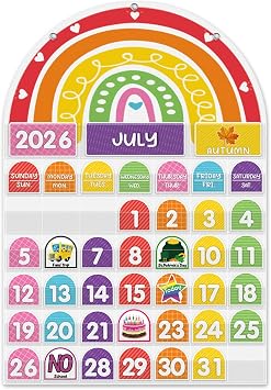 Mewise Rainbow Calendar Pocket Chart for Classroom & Home with 96 Activity Cards-Daycare Learning/Preschool/Homeschool/Focus Board/Classroom Decor Calendar/Early Learning English
